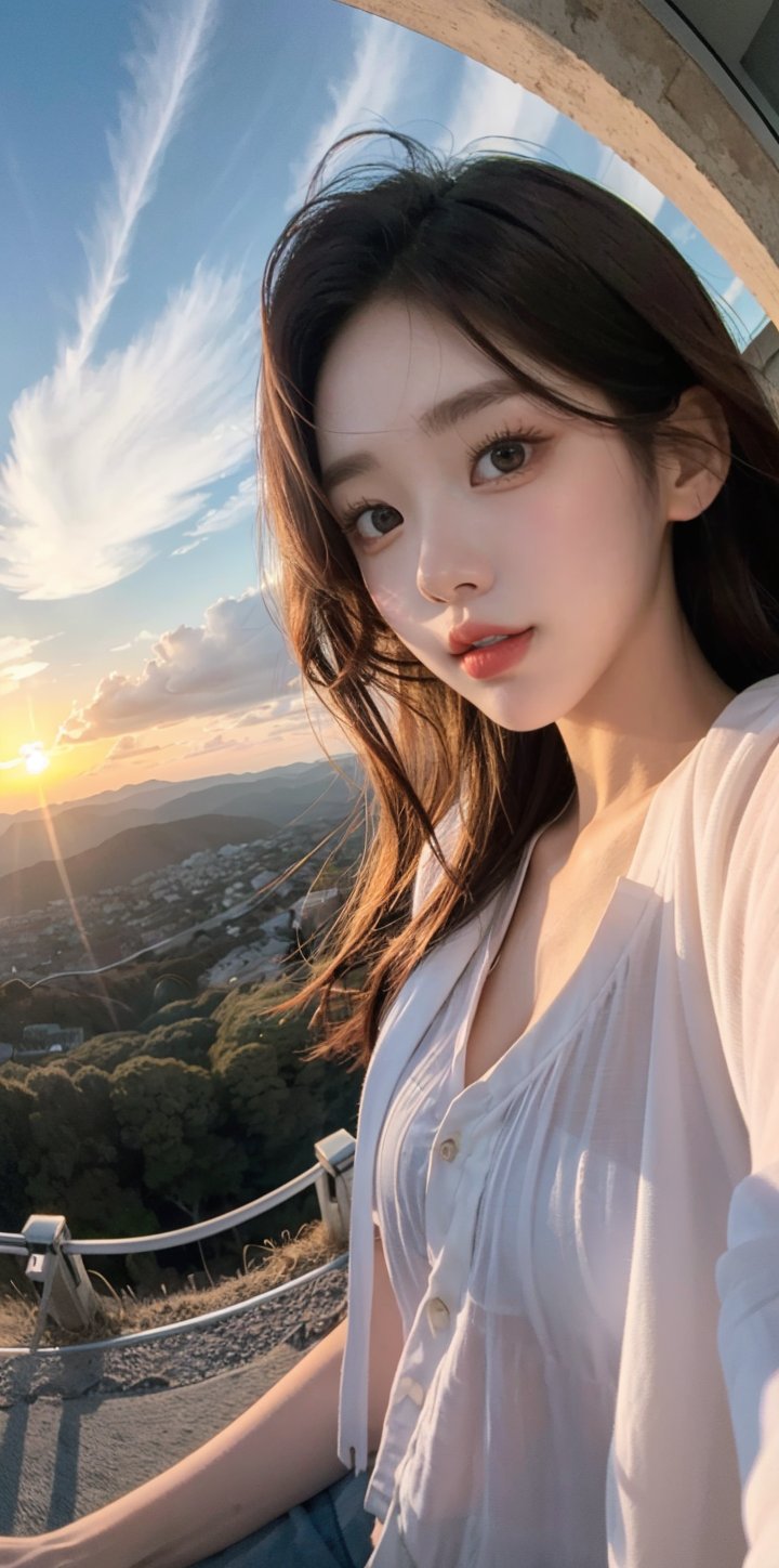 xxmix_girl,a woman takes a fisheye selfie on the top of a mountain at sunset, the wind blowing through her messy hair. The sun behind her, creating a stunning aesthetic and atmosphere with a rating of 1.2.,xxmix girl woman, futanari, close up, fisheye selphie, ,Hayoon,Narin,1 girl ,solo,beauty,girl, stunning sunset,Wujoo,<lora:EMS-303076-EMS:0.800000>,<lora:EMS-59101-EMS:0.800000>