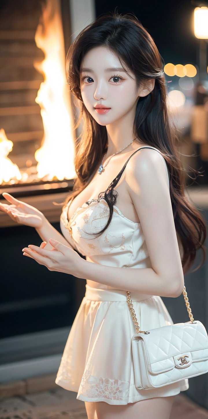1 girl, detailed face, a woman with long black hair, smile, (((sfw))), outdoor scene, (night light), led lighting, magnificent light, ((fire works)), close up, portrait, upperbody, RAW, (intricate details:1.3), (best quality:1.3), (masterpiece:1.3), (hyper realistic:1.3), best quality, 1 girl, ultra-detailed, ultra high resolution, very detailed mphysically based rendering, dynamic angle, dynamic pose, wind, 8K UHD, Vivid picture, High definition, intricate details, detailed texture, finely detailed, high detail, extremely detailed cg, High quality shadow, a realistic representation of the face, beautiful detailed, (high detailed skin, skin details), slim waist, beautiful and realistic and detailed hands and fingers:1, best ratio four finger and one thumb, (detailed face, detailed eyes, beautiful face), ((korean beauty, kpop idol, ulzzang, korean celebrity, korean cute, korean actress, korean, a beautiful 21 years old beautiful korean girl)), (high detailed skin, skin details), Detailed beautiful delicate face, Detailed beautiful delicate eyes, a face of perfect proportion, (beautiful and realistic and detailed hands and fingers:1.3), (Big breasts:1.3), (full body shot:1.3), (long legs:1.3), (sparkling eyes:1.3), (sparkling lips:1.3), taken by Canon EOS, SIGMA Art Lens 35mm F1.4, ISO 200 Shutter Speed 2000, Vivid ((korean beauty, kpop idol, ulzzang, korean celebrity, korean cute, korean actress, korean, a beautiful 21 years old beautiful korean girl)), (blue eye), (black long hair),chanel_jewelry, chanel_bag, vancleef_necklace,Nice legs and hot body, see-through,hourglass bodyshape ,JeeSoo ,photorealistic,Wujoo,1 girl,<lora:EMS-59101-EMS:0.800000>,<lora:EMS-303076-EMS:0.800000>