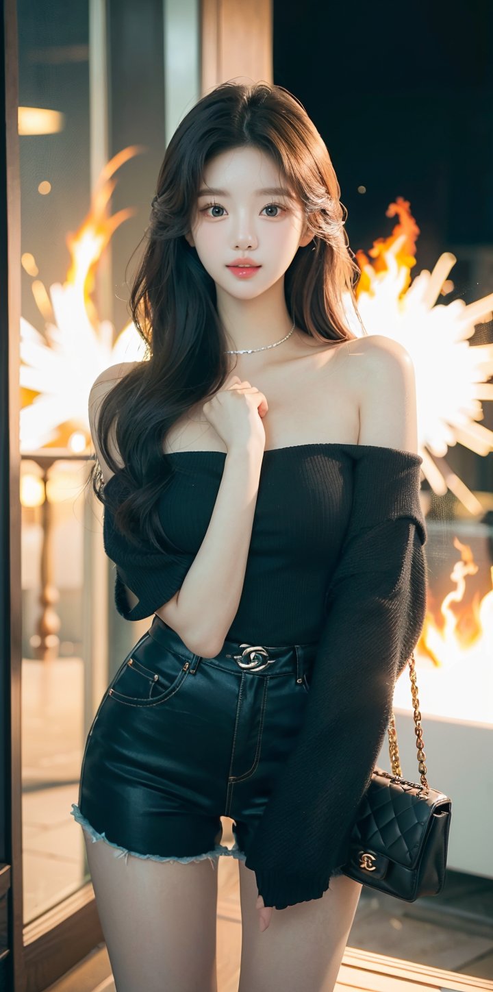 1 girl, detailed face, a woman with long black hair, smile, (((sfw))), outdoor scene, (night light), led lighting, magnificent light, ((fire works)), close up, portrait, upperbody, RAW, (intricate details:1.3), (best quality:1.3), (masterpiece:1.3), (hyper realistic:1.3), best quality, 1 girl, ultra-detailed, ultra high resolution, very detailed mphysically based rendering, dynamic angle, dynamic pose, wind, 8K UHD, Vivid picture, High definition, intricate details, detailed texture, finely detailed, high detail, extremely detailed cg, High quality shadow, a realistic representation of the face, beautiful detailed, (high detailed skin, skin details), slim waist, beautiful and realistic and detailed hands and fingers:1, best ratio four finger and one thumb, (detailed face, detailed eyes, beautiful face), ((korean beauty, kpop idol, ulzzang, korean celebrity, korean cute, korean actress, korean, a beautiful 21 years old beautiful korean girl)), (high detailed skin, skin details), Detailed beautiful delicate face, Detailed beautiful delicate eyes, a face of perfect proportion, (beautiful and realistic and detailed hands and fingers:1.3), (Big breasts:1.3), (full body shot:1.3), (long legs:1.3), (sparkling eyes:1.3), (sparkling lips:1.3), taken by Canon EOS, SIGMA Art Lens 35mm F1.4, ISO 200 Shutter Speed 2000, Vivid ((korean beauty, kpop idol, ulzzang, korean celebrity, korean cute, korean actress, korean, a beautiful 21 years old beautiful korean girl)), (blue eye), (black long hair),chanel_jewelry, chanel_bag, hermes_necklace,Nice legs and hot body, see-through,hourglass bodyshape ,JeeSoo ,photorealistic,Wujoo,1 girl ,solo,beauty,<lora:EMS-59101-EMS:0.800000>,<lora:EMS-303076-EMS:0.800000>