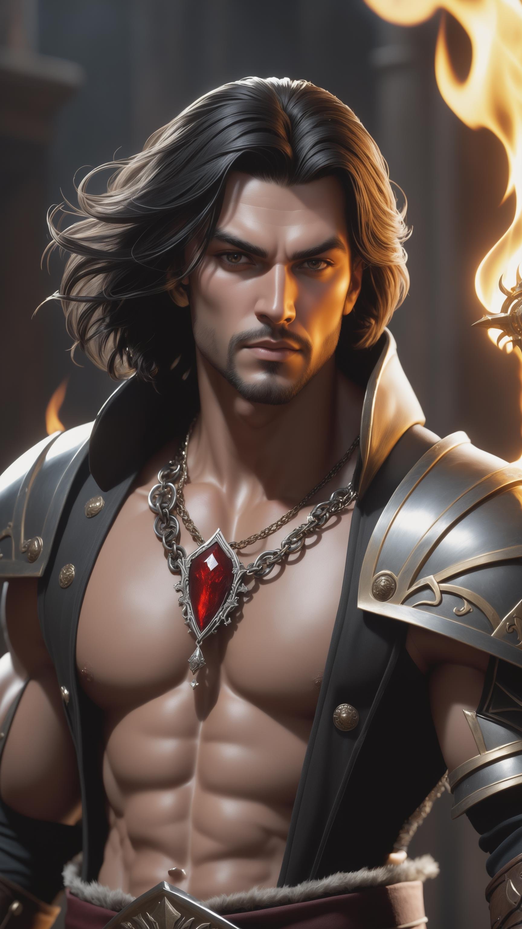 realistic, masterpiece, best quality, cinematic lighting, natural shadow, highest detail, professional photography, detailed background, depth of field, insane details, intricate, aesthetic, detailed face, subsurface scattering, realistic hair, realistic eyes, muscular, masculine, large pectorals, pectorals, abs, photo of a handsome man, darkpriest, tabard, armor, cape, gloves, torn clothes, jewelry, necklace, chain, spikes, blood, holding staff, magic, fire, black hair, dynamic movement, dynamic pose