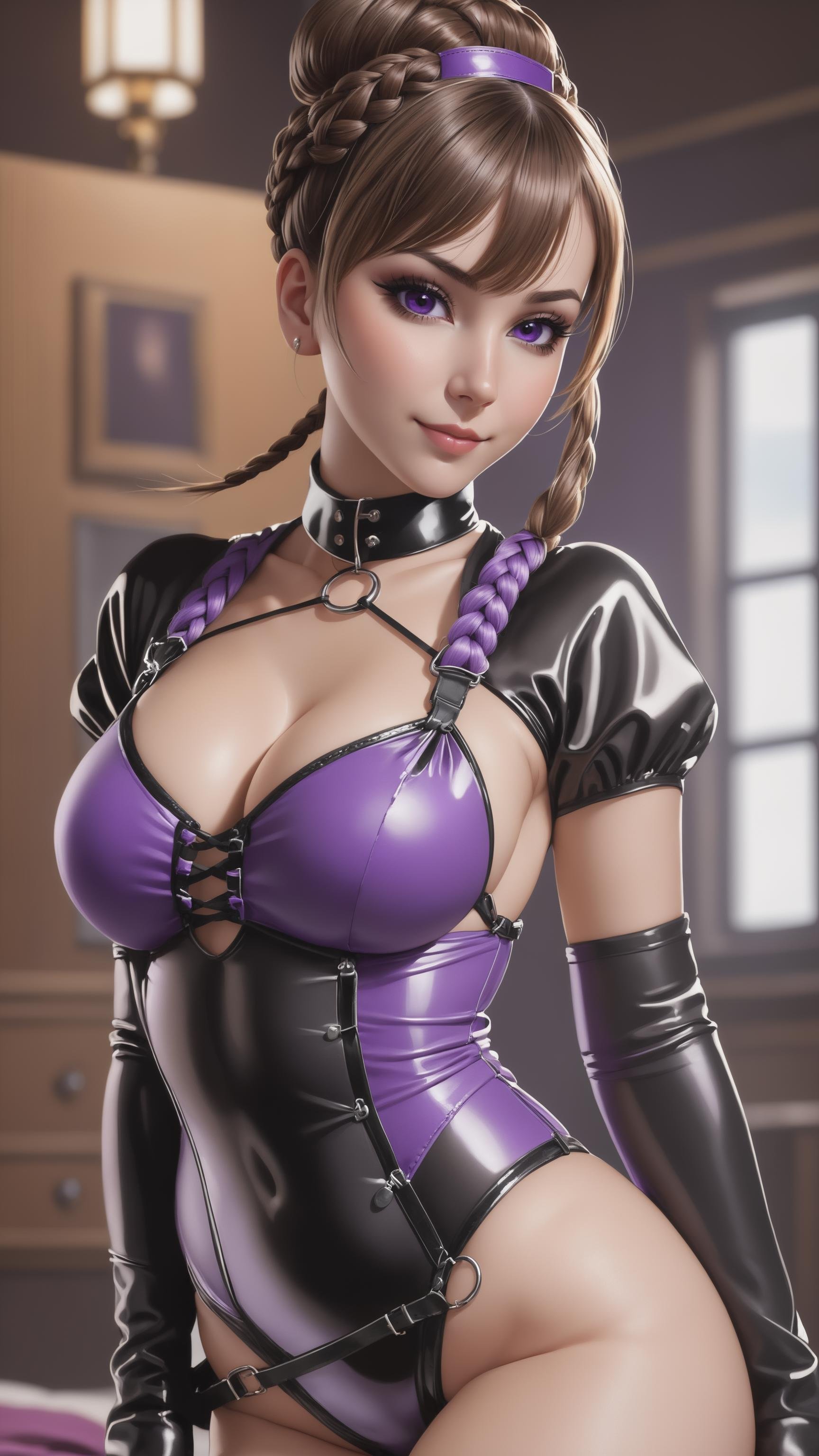 (masterpiece), high quality, highly detailed background, 1girl, solo, ChopioNemu, brown hair, braided bun, single hair bun, french braid, sidelocks, blunt bangs, purple eyes, looking at viewer, bdsm, latex clothing, collar, bondage outfit, bondage, bound, harness, black thighhighs, nipples, pussy, medium breasts, standing, smile, bedroom