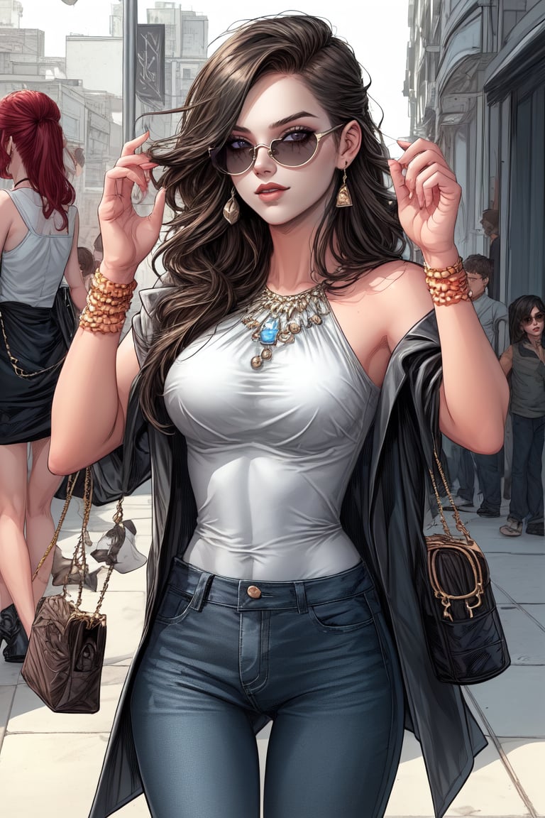 Young teen, pretty body, slim, fashionista, casual costume, luxury costume, jewelry, sunglass. BWcomic,