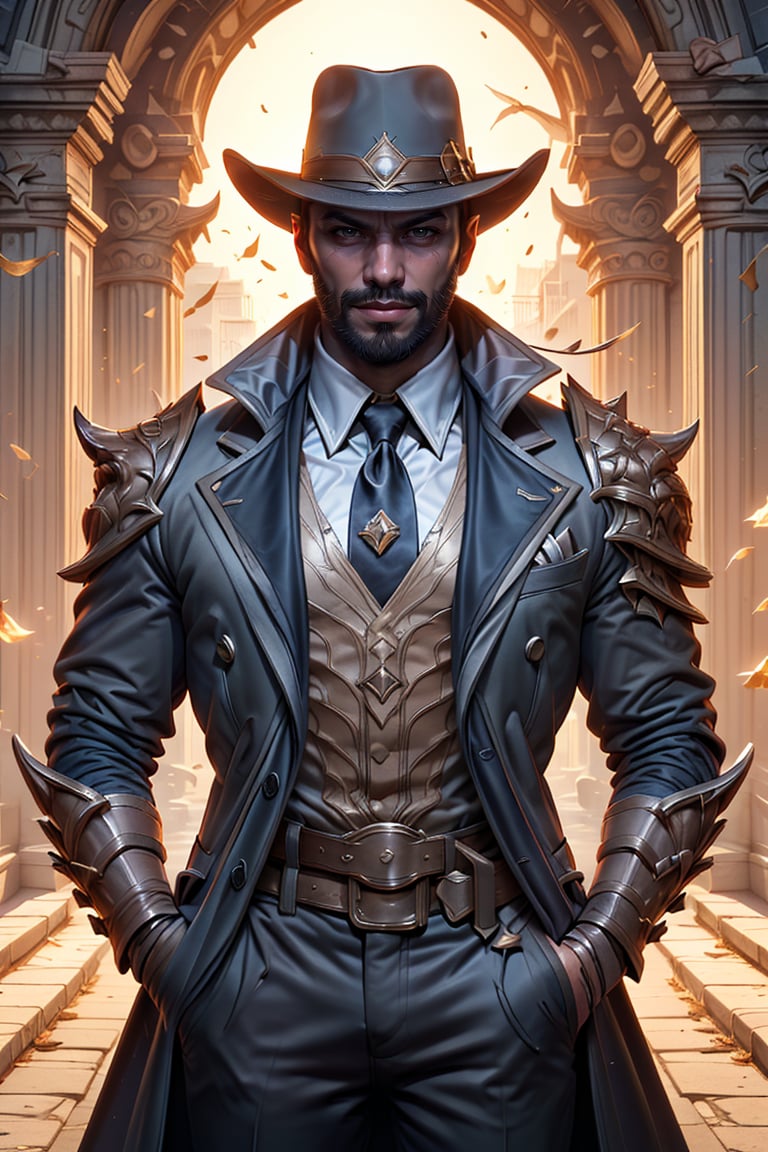 (masterpiece), (ultra detail), (intricate armor), league of legends, Twisted Fate, cowboy hat, trickster smile, manly, thin face, (long black coat:1.2), (elegant suit), posing on the night casino city background, bwcomic