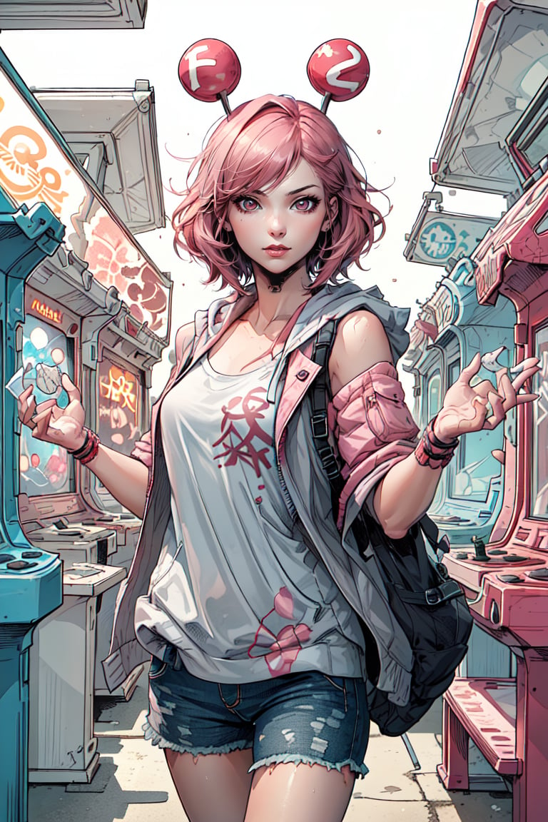 A cute girl, hoodle neon punk style, japanese, short pink hair, bang hair, on the arcade games center. Bwcomic