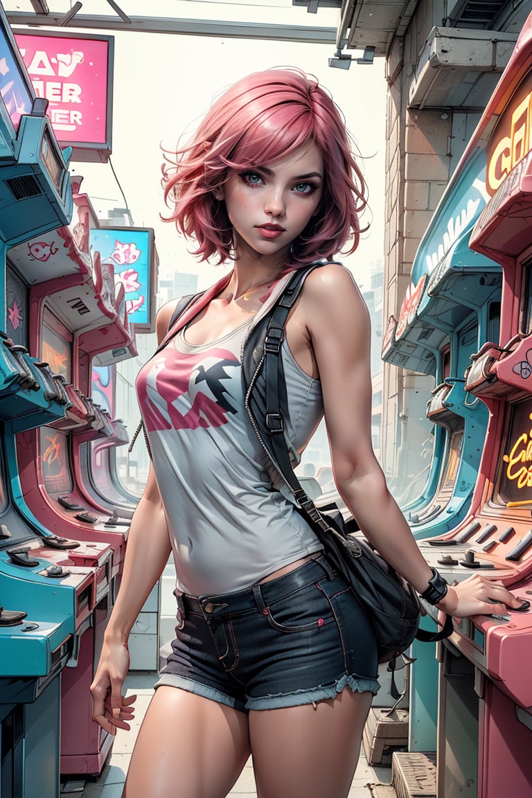 A cute girl, hoodle neon punk style, japanese, short pink hair, bang hair, on the arcade games center. Bwcomic