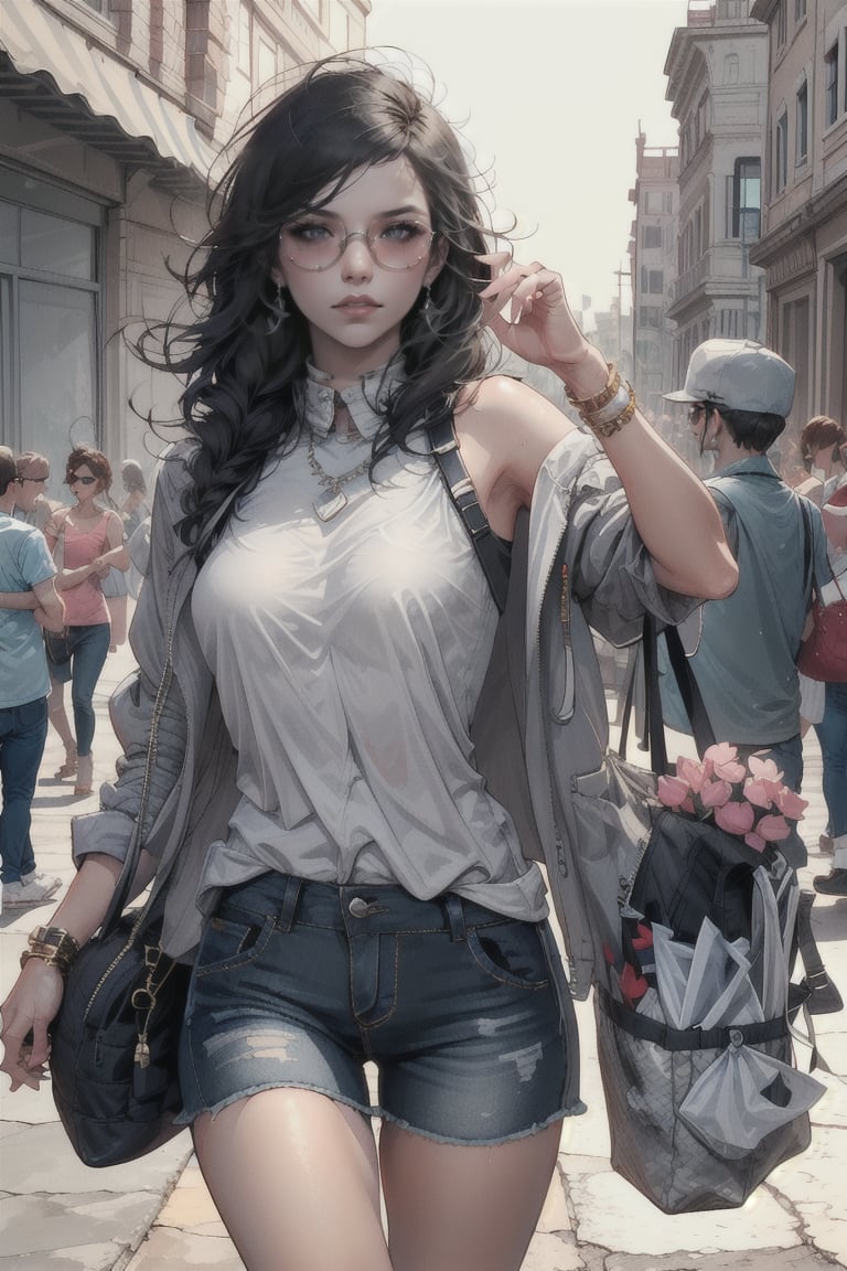 Young teen, pretty body, slim, fashionista, casual costume, luxury costume, jewelry, sunglass. BWcomic,