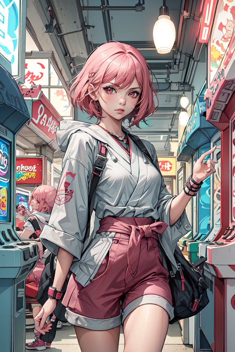 A cute girl, hoodle neon punk style, japanese, short pink hair, bang hair, on the arcade games center. Bwcomic