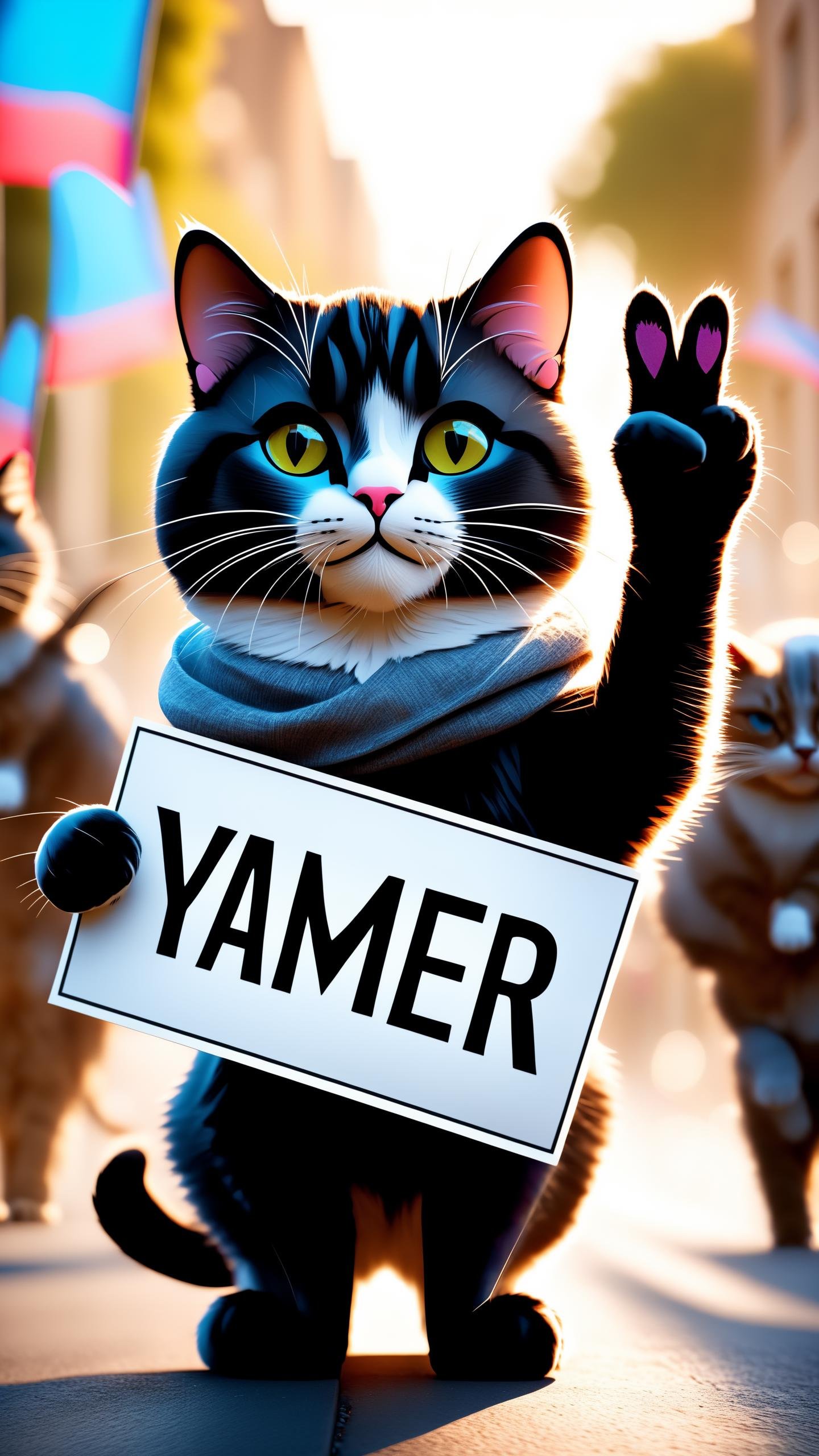 cinematic film still a activist cat rally, protesting against war, making a  peace sign, holding a sign  text:((Yamer)) ,paws , shallow depth of field, vignette, highly detailed, high budget, bokeh, cinemascope, moody, epic, gorgeous, <lora:xl_yamer_style-1.0:0.4>, film grain, ultra sharp