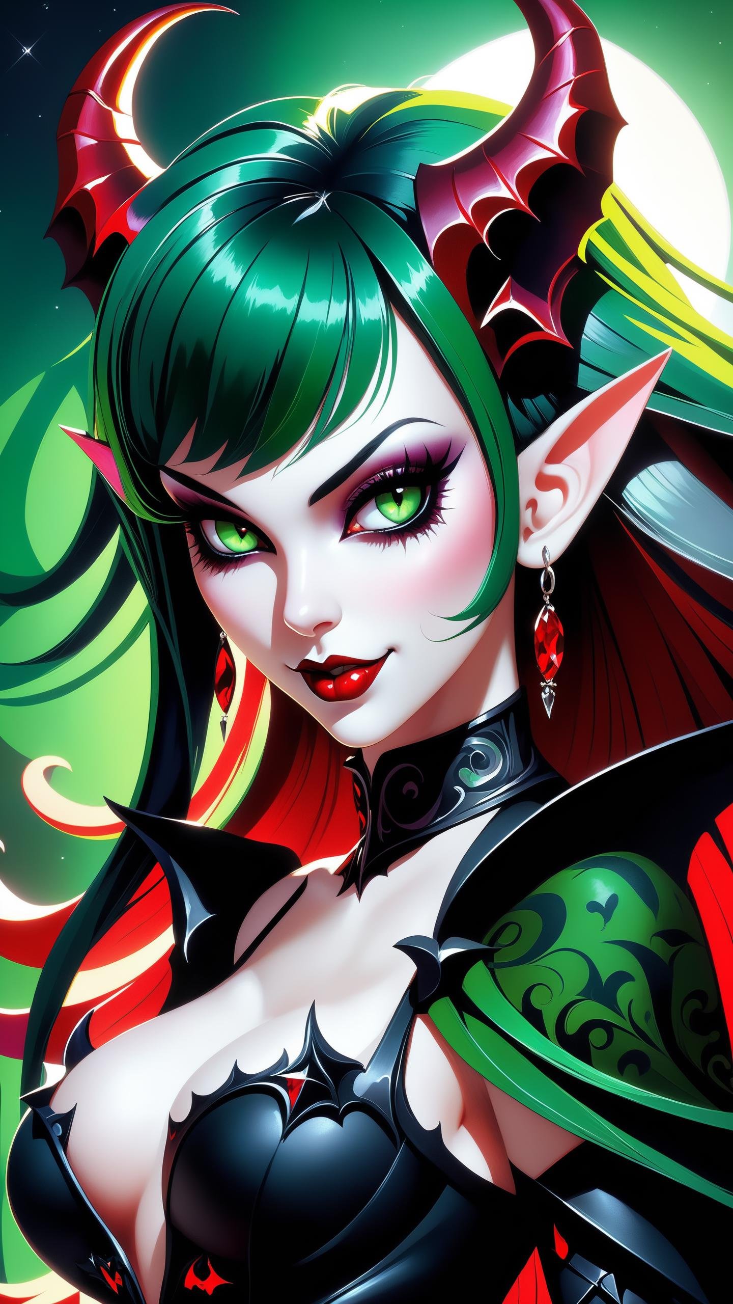 (best quality, masterpiece, colorful, dynamic angle, highest detailed)upper body photo, fashion photography of cute succubus girl, gothic, large demon red wings (high resolution textures), long green hair, (abstract art), half demon, crimson cat iris, cat eyes, vampire very long fangs, (intricate details, hyperdetailed:1.15), detailed, moonlight passing through hair, (official art, extreme detailed, highest detailed)