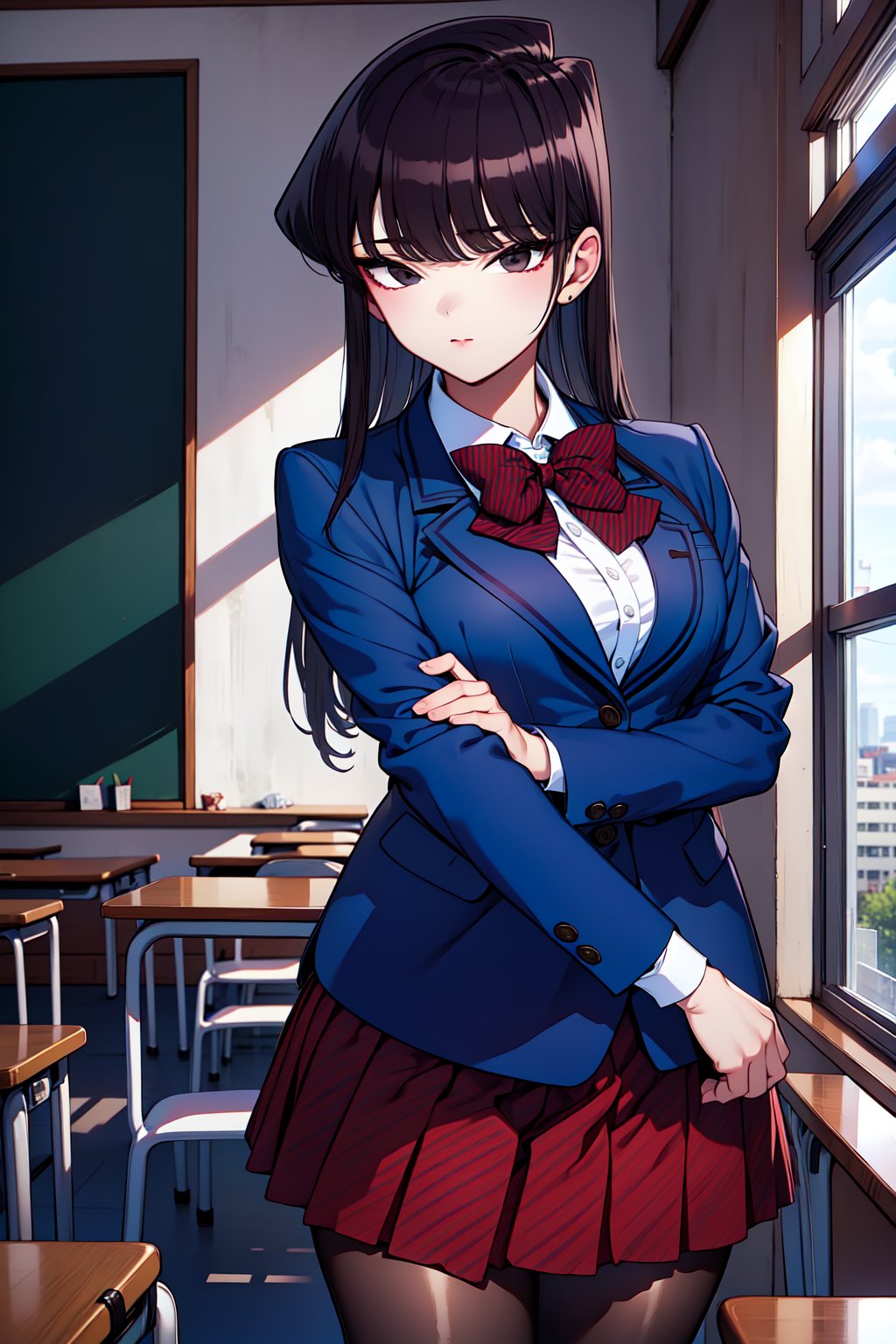 1girl, cowboy shot, classroom, komi_shouko, black eyes, black hair, long hair, school uniform, red bowtie, jacket, blazer, long sleeves, striped, pleated skirt, red skirt, black pantyhose,  <lora:komi_shouko_lora_ver3:0.7>, best quality, masterpiece, highres, <lora:GoodHands-vanilla:1>