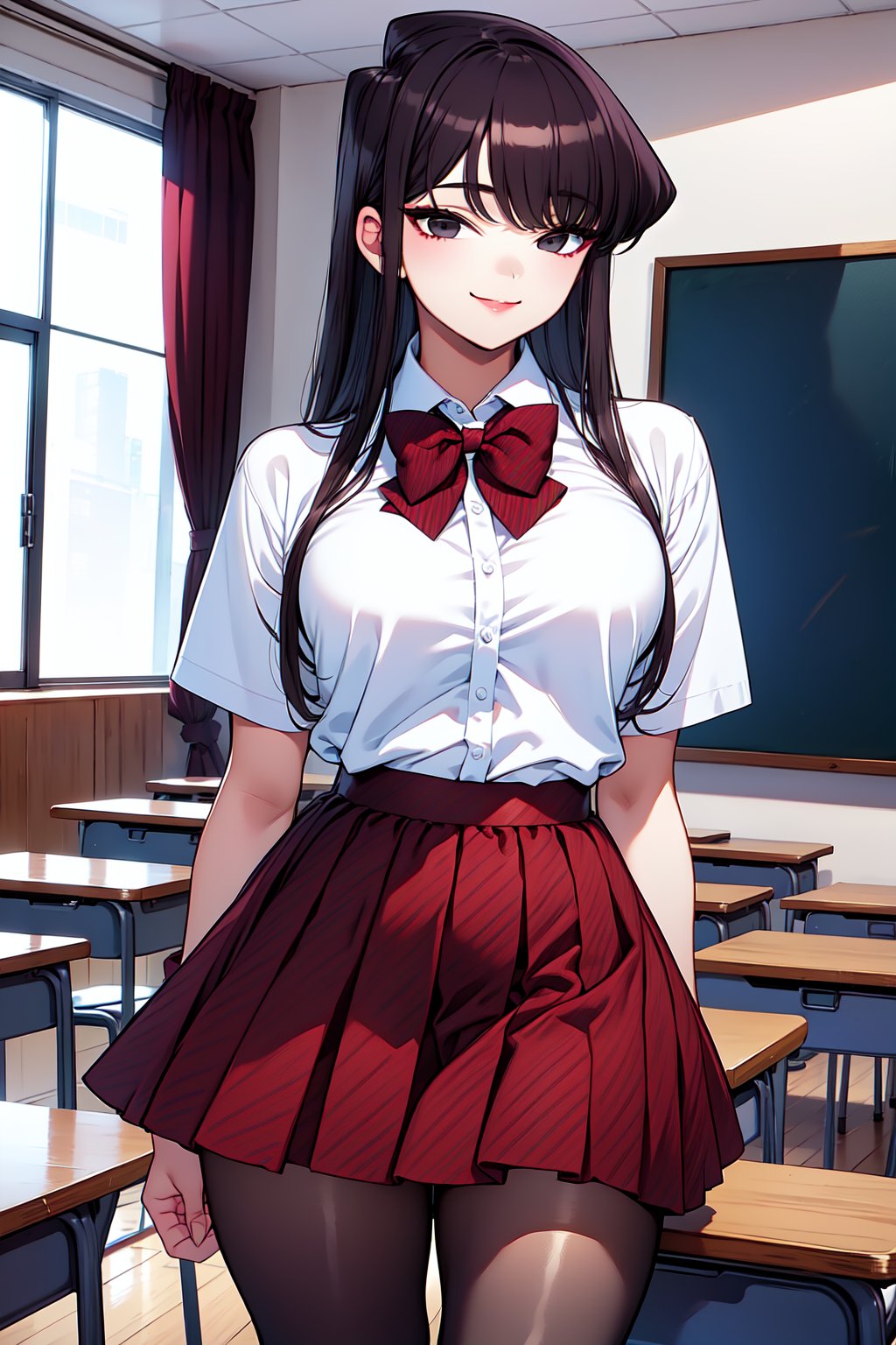 1girl, cowboy shot, classroom, smile,komi_shouko, black eyes, black hair, long hair, school uniform, red bowtie, white shirt, collared shirt, short sleeves, striped, pleated skirt, red skirt, black pantyhose,  <lora:komi_shouko_lora_ver3:0.7>, best quality, masterpiece, highres, <lora:GoodHands-vanilla:1>