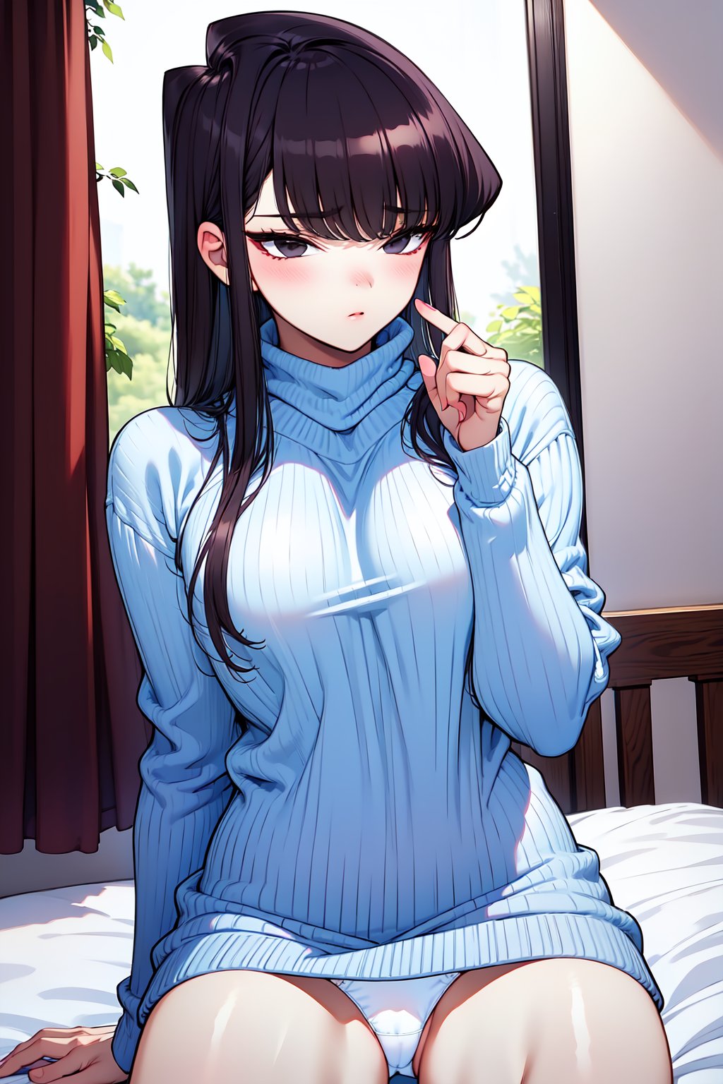 1girl, cowboy shot, bedroom, (nose blush:1.2), embarrassed, sitting, white panties, komi_shouko, black eyes, black hair, long hair, sweater dress, ribbed sweater, turtleneck, <lora:komi_shouko_lora_ver3:0.7>, best quality, masterpiece, highres, <lora:GoodHands-vanilla:1>