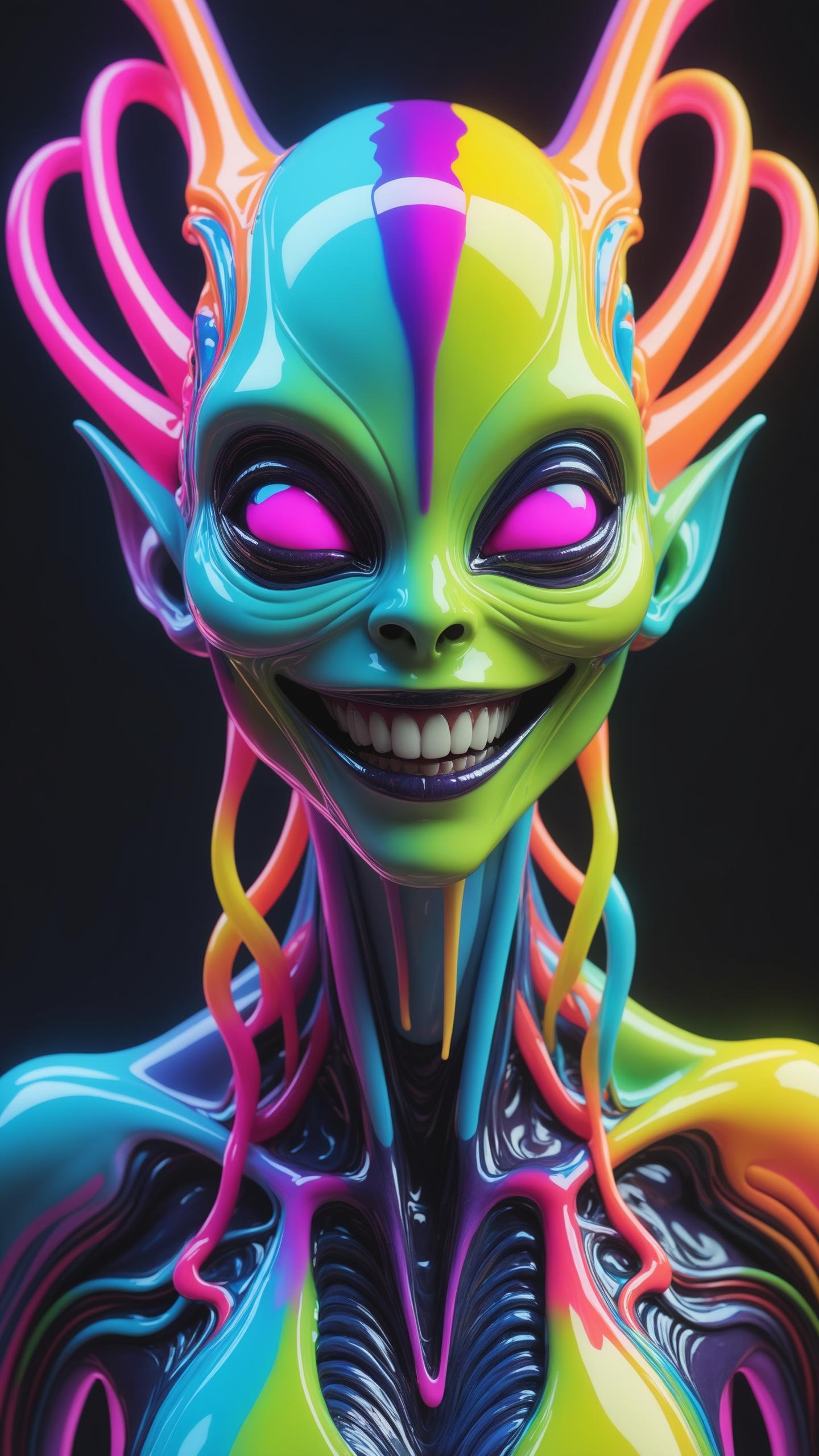 impossibly beautiful portrait of alien shapeshifter entity, insane smile, intricate complexity, surreal horror, inverted neon rainbow drip paint, trending on art station, photoreal, 8 k, octane render by greg rutkowski