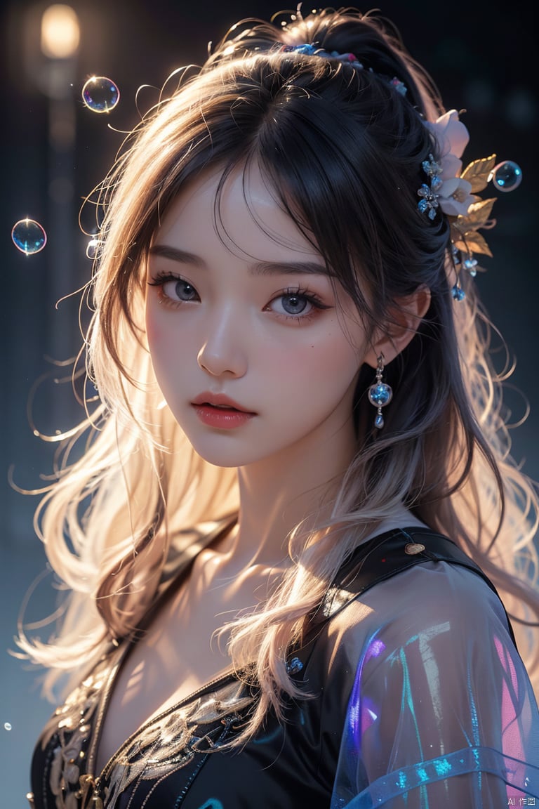  official art,beautiful and aesthetic,1girl,long hair,beautiful face,detailed eyes,colorful,jewelry,night,(realistic:1.5),extreme detailed,(fractal art:1.3),witch, Light master, (\meng ze\),bubble, yue , hair ornament , hanfu, hologram girl