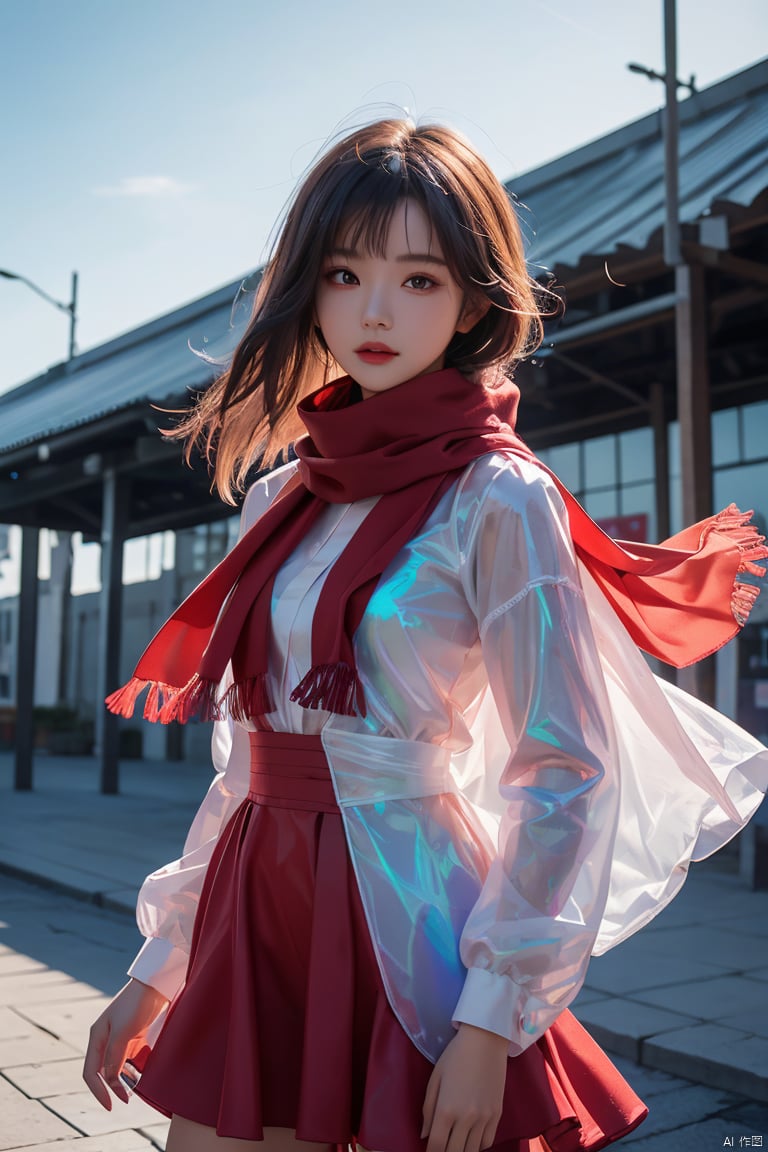  1girl, red dress, (scarf), wind, petal, 1 girl, purdress, Sky Fantasy, Light master, (\meng ze\), hologram girl