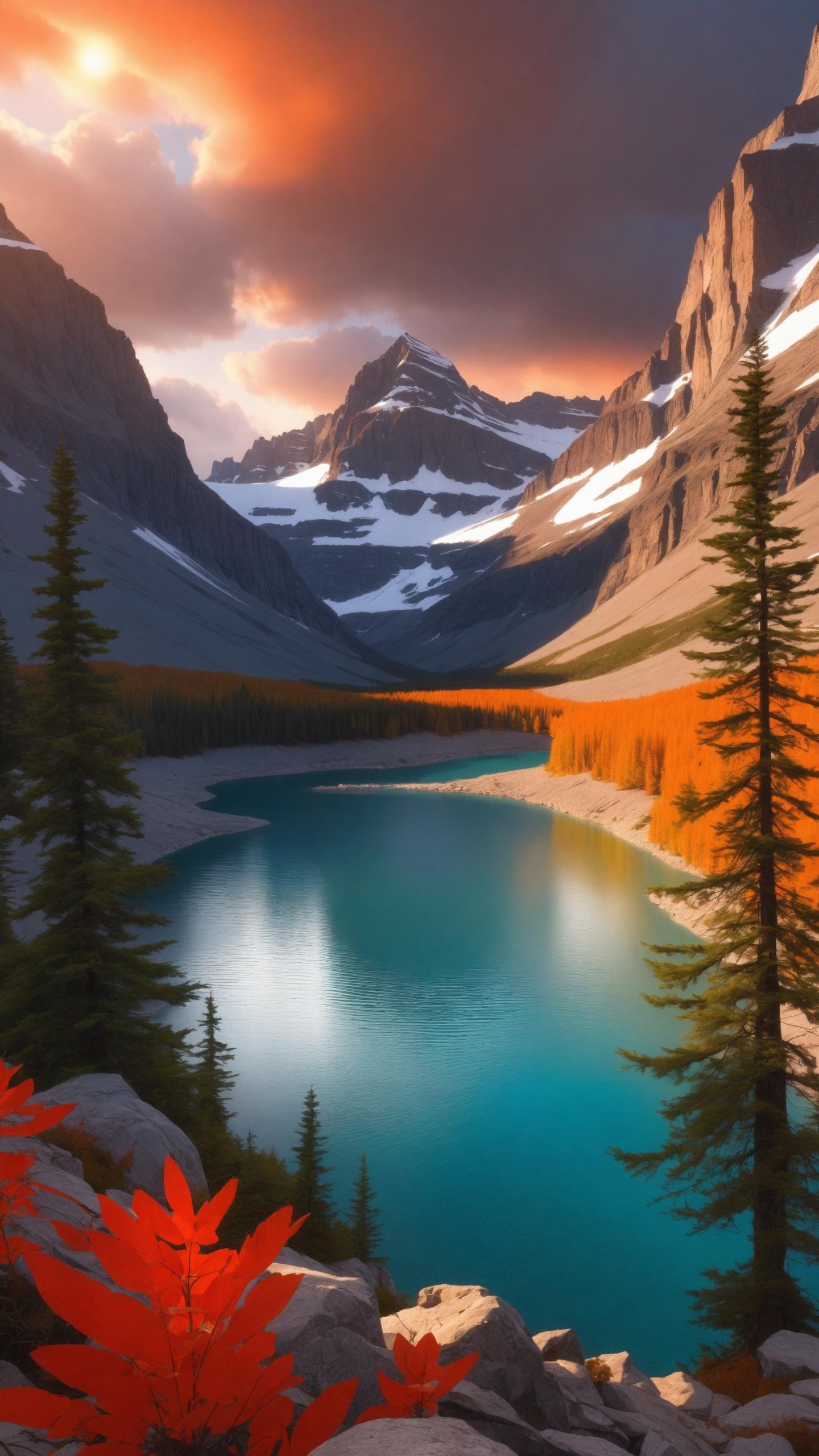 photography, a view of a lake with mountains in the background, red eerie sky, instagram photo amazing view, glacier national park, epic red - orange sunlight, bbc earth, time to climb the mountain path, beautiful!!!! museum photo, fae wilds sky, beautiful panoramic imagery, crystalline edges, immensity, f/11, epic realistic, cinematic, detailed, 16K, best quality