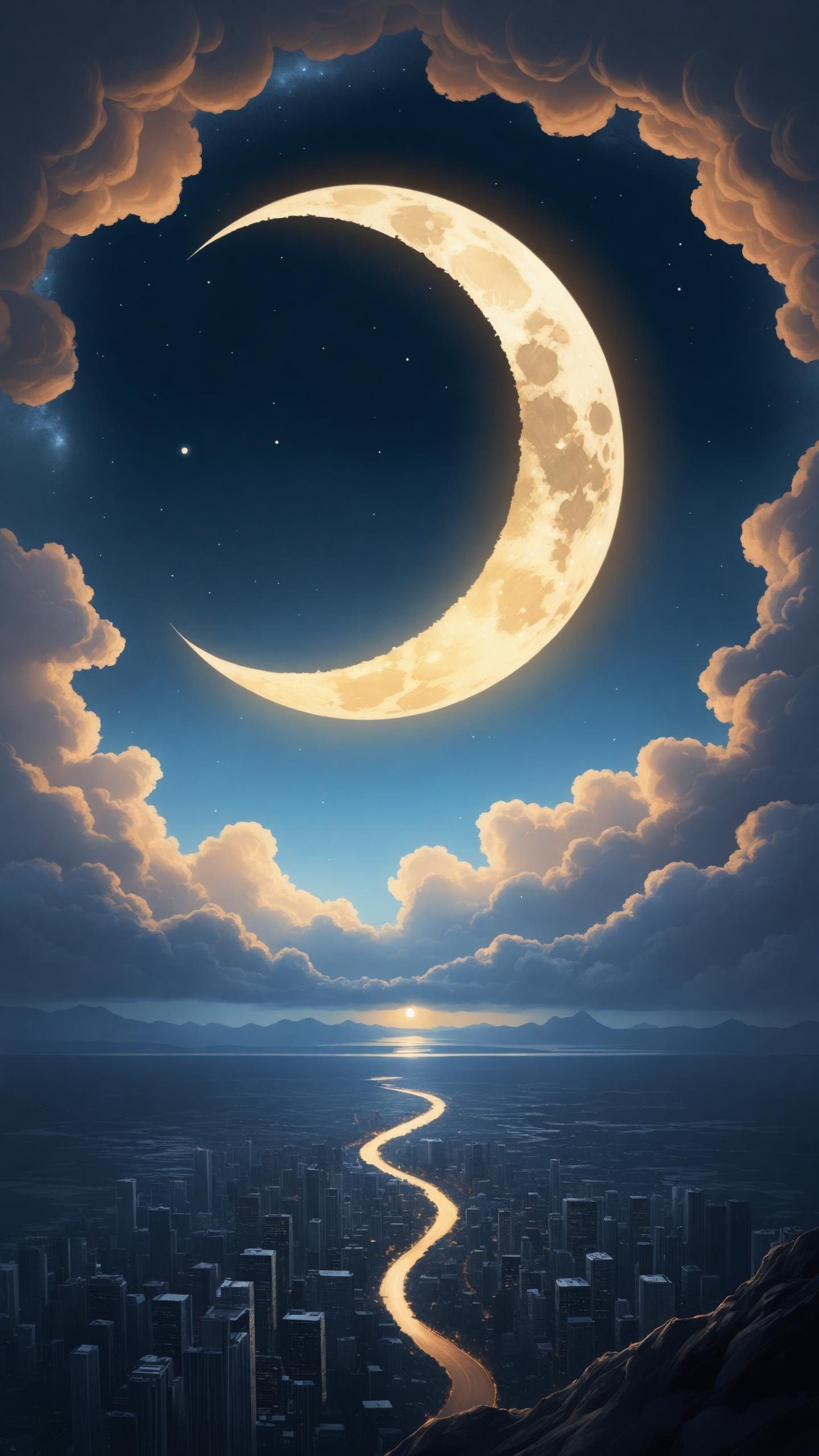 existential longing, photography in the style of detailed hyper realism, cinematic composition, dramatic light, painted crescent moon in the sky, expressive, hyper detailed, intricate, poster, artstation