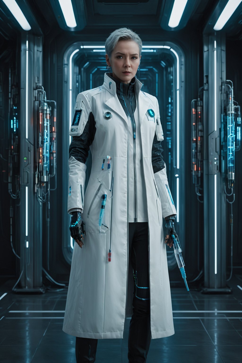 1girl, full body, imagine a doctor from 2077, wearing a crisp white coat, standing with a high-end future syringe in his hand and a stern expression on his face.(Masterpiece, Best Quality, 8k:1.2), (Ultra-Detailed, Highres, Extremely Detailed, Absurdres, Incredibly Absurdres, Huge Filesize:1.1), (Photorealistic:1.3), By Futurevolab, Portrait, Ultra-Realistic Illustration, Digital Painting. (Time Travel Style:1.5), Cyberpunk Doctor, Mecha, Chinese Dragon,Cyberpunk Doctor,<lora:EMS-303183-EMS:0.800000>