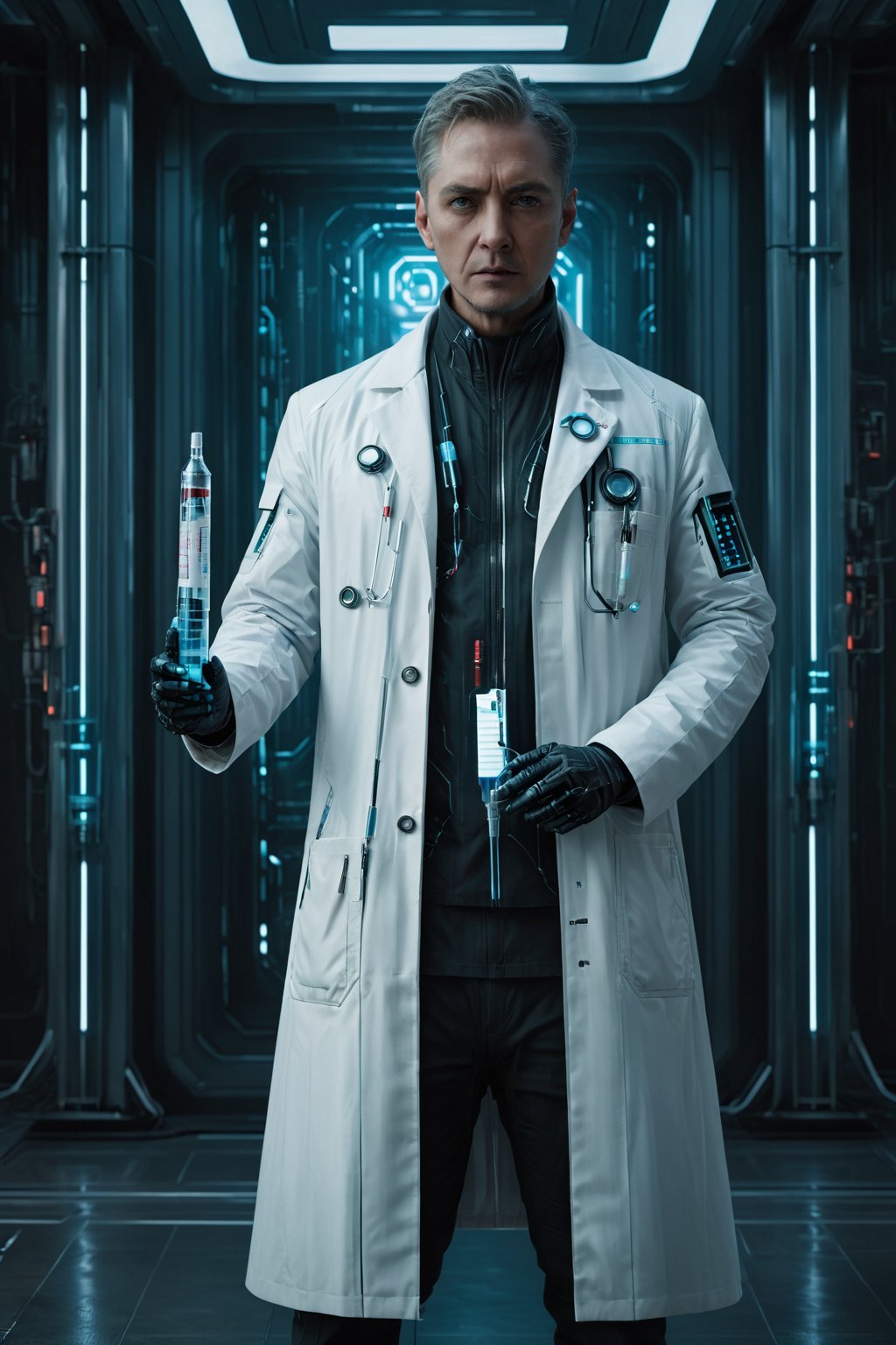 1boy, full body, imagine a doctor from 2077, wearing a crisp white coat, standing with a high-end future syringe in his hand and a stern expression on his face.(Masterpiece, Best Quality, 8k:1.2), (Ultra-Detailed, Highres, Extremely Detailed, Absurdres, Incredibly Absurdres, Huge Filesize:1.1), (Photorealistic:1.3), By Futurevolab, Portrait, Ultra-Realistic Illustration, Digital Painting. (Time Travel Style:1.5), Cyberpunk Doctor, Mecha, Chinese Dragon,Cyberpunk Doctor,<lora:EMS-303183-EMS:0.800000>