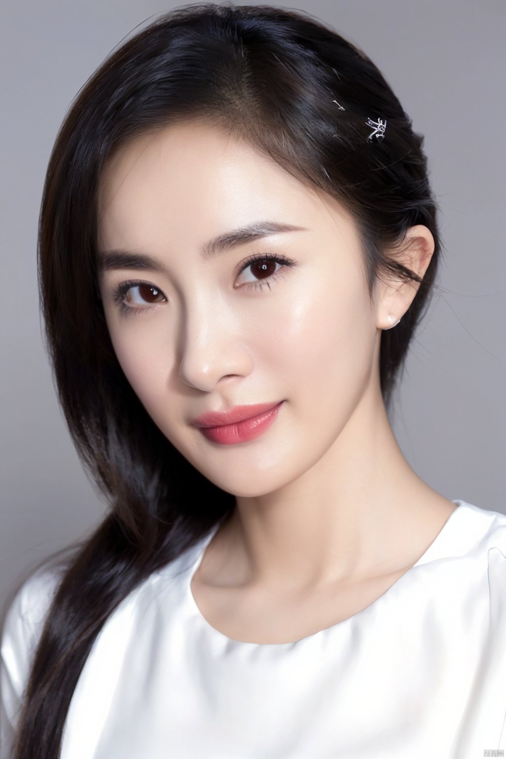  (close up portrait of a woman of east asian descent),happy and smile expression, looking at camera, slight stubble, dark hair with undercut hairstyle, clean skin, brown eyes, wearing dark shirt, soft lighting, gray background, shallow depth of field, high-resolution image, studio shot, headshot, photographic realism., masterpiece, best quality, aunt, 1girl, girl