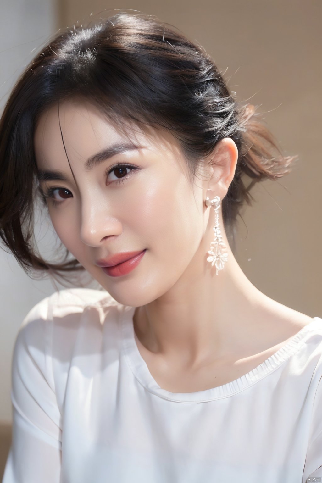  (close up portrait of a woman of east asian descent),happy and smile expression, looking at camera, slight stubble, dark hair with undercut hairstyle, clean skin, brown eyes, wearing dark shirt, soft lighting, gray background, shallow depth of field, high-resolution image, studio shot, headshot, photographic realism., masterpiece, best quality, aunt, 1girl, girl