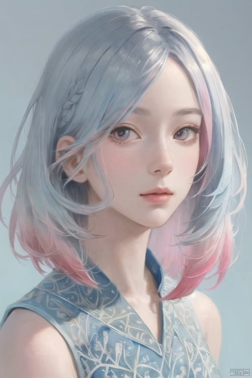 watercolor painting,<(masterpiece, realistic:1.3), (extremely intricate:1.2)>, fly in the sky,portrait of a girl,sliver gradient hair,(sliver hair:1.1),(light blue hair:1.1),(pink hair:1.2) ,.