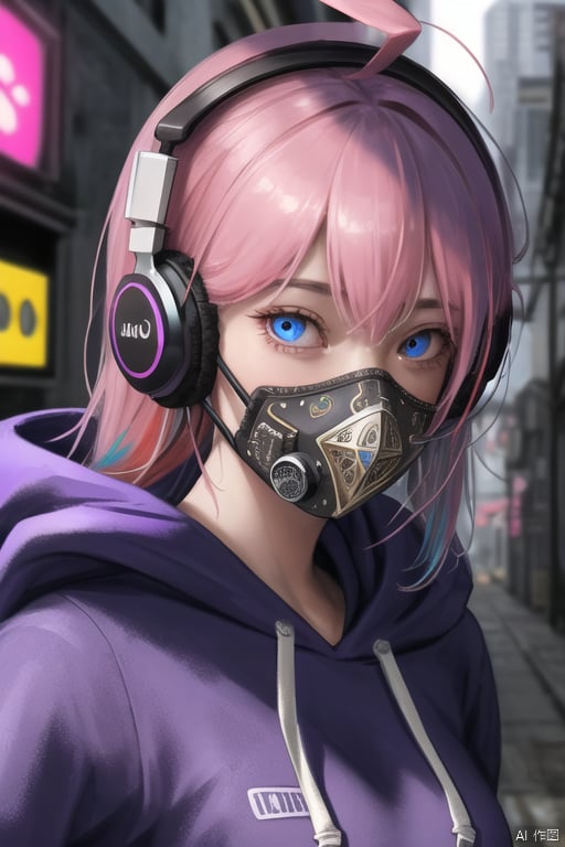  art by Cornflower, dreamy,
(detailed 8k wallpaper,In a dilapidated alley,girl focus,A girl,multicolored hoodie,mouth mask,ahoge,crystal pink_hair,glowing eyes,blue_eyes,cyberpunk,Sci-fi city, kowloon,detailed background,intricate detail,finely detailed,highres,Red light,Blue light,Purple light,behind-the-head headphones,), <(realistic:1.4)