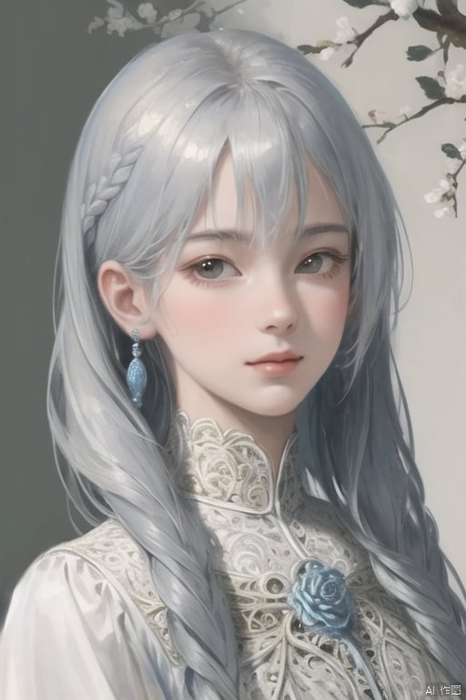 <(masterpiece, realistic:1.3), (extremely intricate:1.2)>, portrait of a girl,rose wall,sliver gradient hair,long hair,white dress,fantasy,