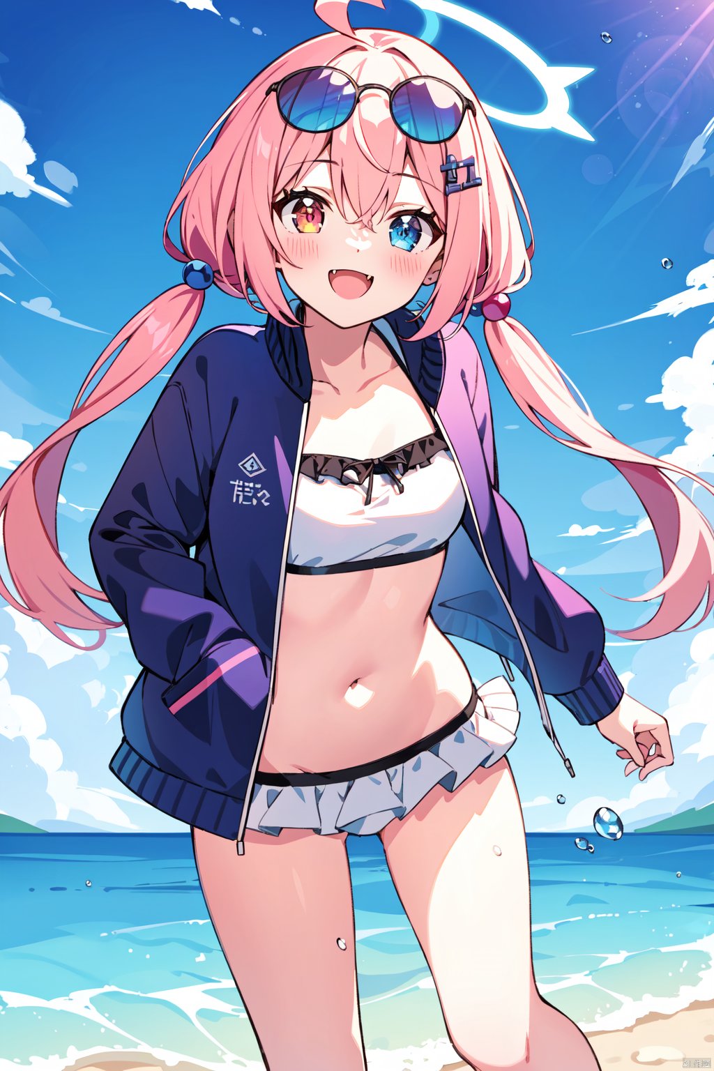  (best quality), (masterpiece),1girl, swimsuit, solo, halo, bikini, heterochromia, white bikini, pink hair, eyewear on head, blue eyes, long hair, ahoge, sunglasses, smile, twintails, jacket, blue jacket, hair ornament, frilled bikini, looking at viewer, frills, inflatable toy, fang, open mouth, low twintails, hair bobbles, sky, water, official alternate costume, blue sky, blush, outdoors, day