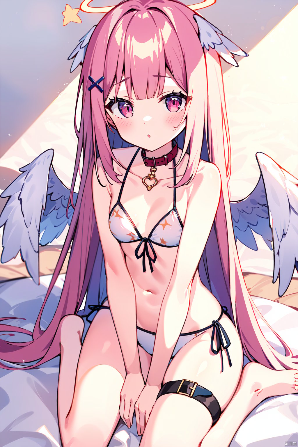  1girl, swimsuit, solo, bikini, long hair, wings, pink hair, white bikini, very long hair, wariza, breasts, sitting, hair ornament, halo, side-tie bikini bottom, angel wings, red eyes, barefoot, looking at viewer, collar, thigh strap, navel, small breasts, feathered wings, collarbone, front-tie top, angel, x hair ornament, bangs, front-tie bikini top