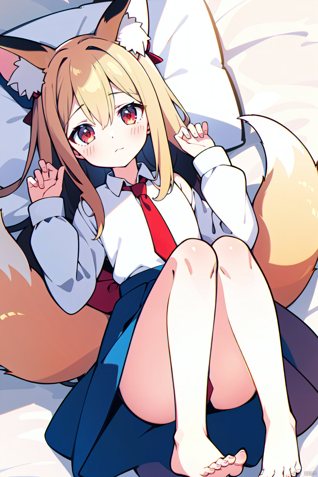  (best quality), (masterpiece),1girl, solo, white shirt, bangs, long sleeves, bow, shirt, animal ears, blonde hair, long hair, blush, tail, barefoot, sleeves past wrists, hair between eyes, on back, red necktie, lying, fox tail, looking at viewer, necktie, hair bow, very long hair, multicolored hair, dress, red bow, sleeveless dress, fox ears, bed sheet, sleeveless, closed mouth, hands up, knees up, fox girl, red eyes