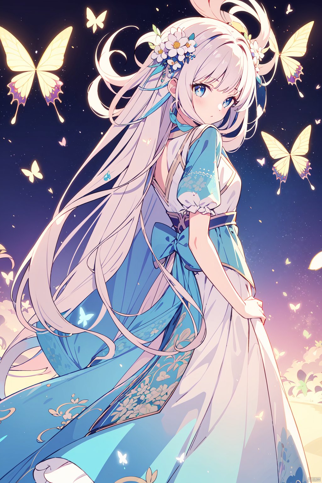  (best quality), (masterpiece),anime style, female character, pastel colors, flowing hair, flower accessories, whimsical, ethereal, looking back pose, large eyes, light effects, semi-transparent fabrics, playful expression, decorative patterns, fantasy, butterflies, sparkling, high saturation, vertical composition, vibrant textures, outdoor setting