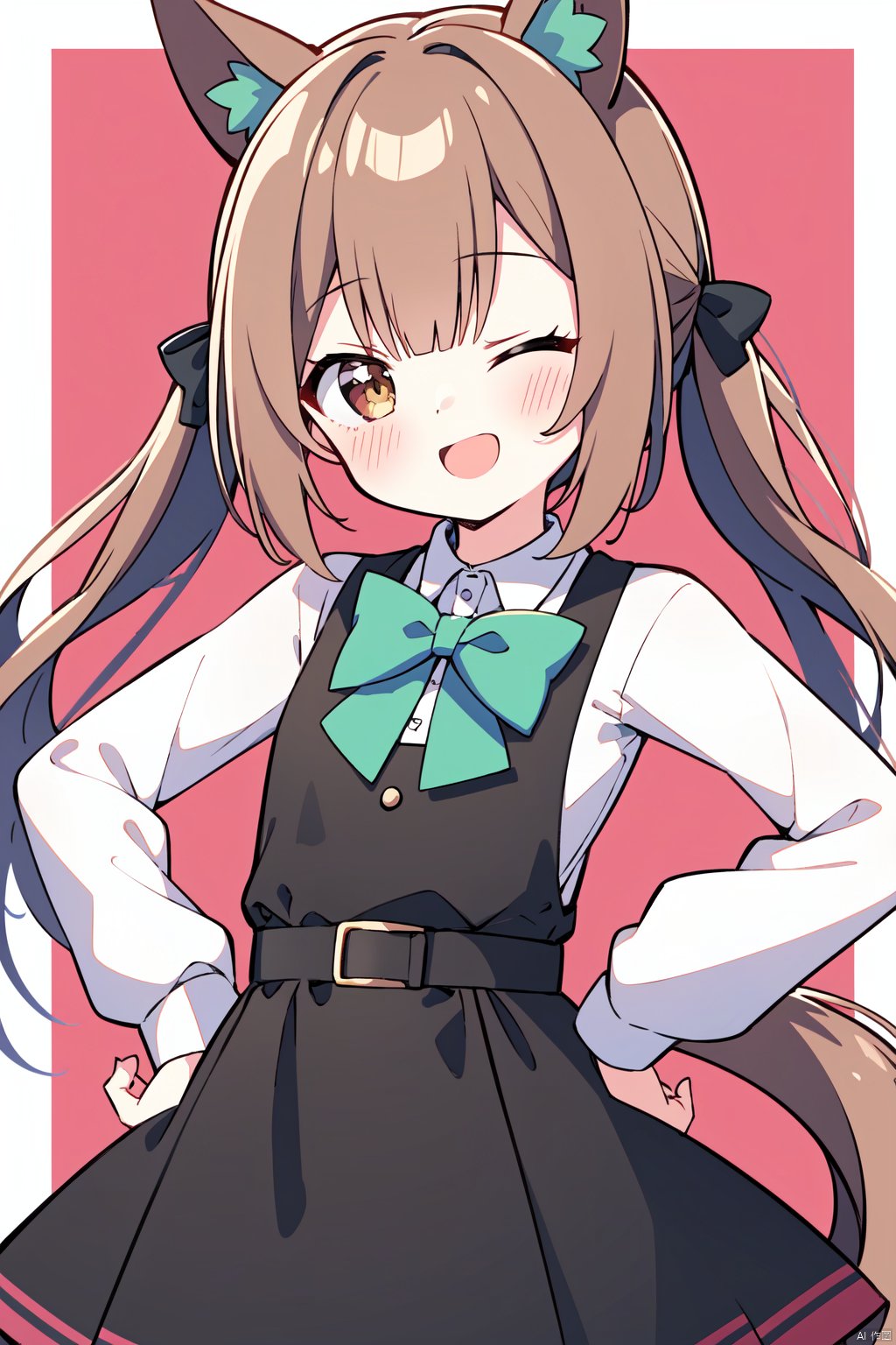  1girl, solo, horse ears, animal ears, one eye closed, brown hair, tail, horse girl, smile, horse tail, long sleeves, open mouth, twintails, multicolored hair, brown eyes, streaked hair, dress, looking at viewer, index finger raised, blush, bow, bangs, shirt, black dress, hand up, white shirt, hand on hip, green bow, notice lines,bowtie, puffy sleeves