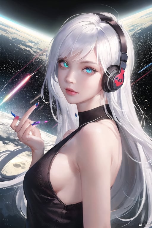 (masterpiece, finely detailed beautiful eyes:1.2), (on the moon, space, looking back into earth), realistic, white hair, black tank top, volumetric lighting, white jacket, glowing headphone, cyberpunk, futuristic, multi-color eyes, detailed eyes, hyper detailed,light smile, highly detailed, beautiful, small details, ultra detailed, best quality, intricate, hyperrealism, sharp, digital illustration, detailed, realism, intricate, 4k, 8k, trending on artstation, good anatomy, beautiful lighting, award-winning, photorealistic, realistic shadows, realistic lighting, beautiful lighting, raytracing, intricate details, moody, rule of thirds, masterpiece, (illustration:1.1), highres, (extremely detailed CG, unity, 8k wallpaper:1.1), beautiful face, highly detailed face, ultra realistic, masterpiece, bokeh, extremely detailed, intricate, zoomout, colorful, vibrant colors, red nail polish, side view,.