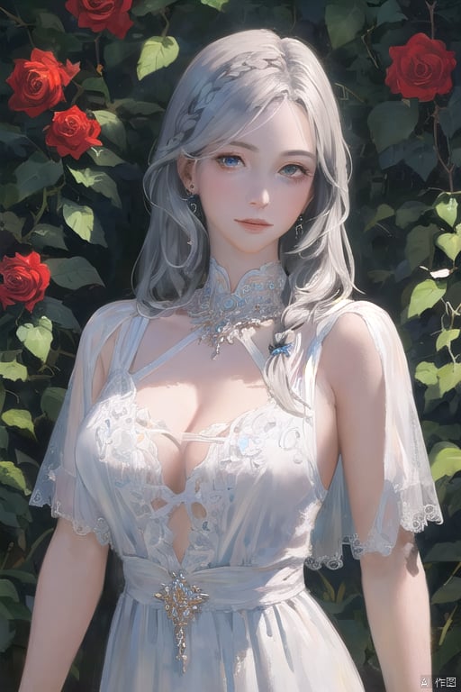 <(masterpiece, realistic:1.3), (extremely intricate:1.2)>, portrait of a girl,rose wall,sliver gradient hair,long hair,white dress,fantasy,