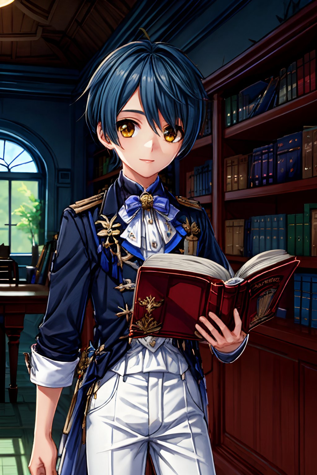 1boy, solo, yellow eyes, blue hair, straight cut bangs, one side bangs, blue jacket, long jacket, white short pants, look at viewer, light smile,
Indoor, library, reading book, 1 book, bookshelf, detailed backgrounds, depth of field, Xingqiubamboorain,