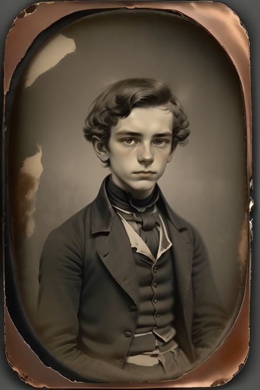 18yo guy. Upper body shot, (Austrian Portrait Daguerreotype:0.9), Antique Photography, Copper Plate, Silver, Single Image, Photographic Process, Daguerreotype effect, Copper plate texture, Film grain, High contrast, Soft focus, Worn edges, Antique look, Portrait in daguerreotype style,<lora:EMS-299275-EMS:0.400000>,<lora:EMS-303373-EMS:1.000000>