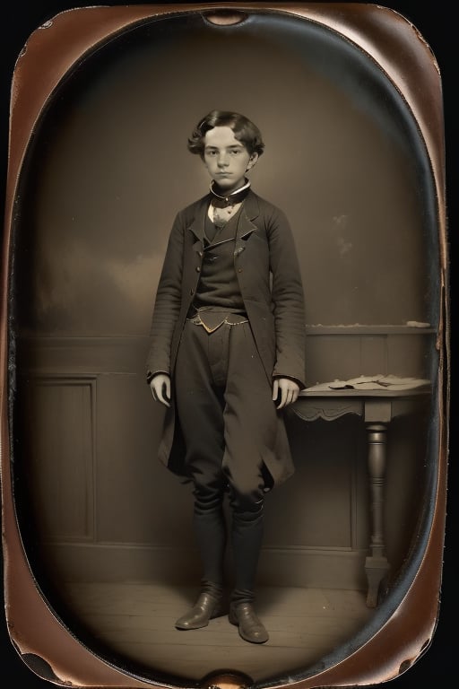 18yo guy. Full-body shot, (Austrian Portrait Daguerreotype:0.9), Antique Photography, Copper Plate, Silver, Single Image, Photographic Process, Daguerreotype effect, Copper plate texture, Film grain, High contrast, Soft focus, Worn edges, Antique look, Portrait in daguerreotype style,Freckles,<lora:EMS-303373-EMS:1.000000>,<lora:EMS-280127-EMS:0.400000>