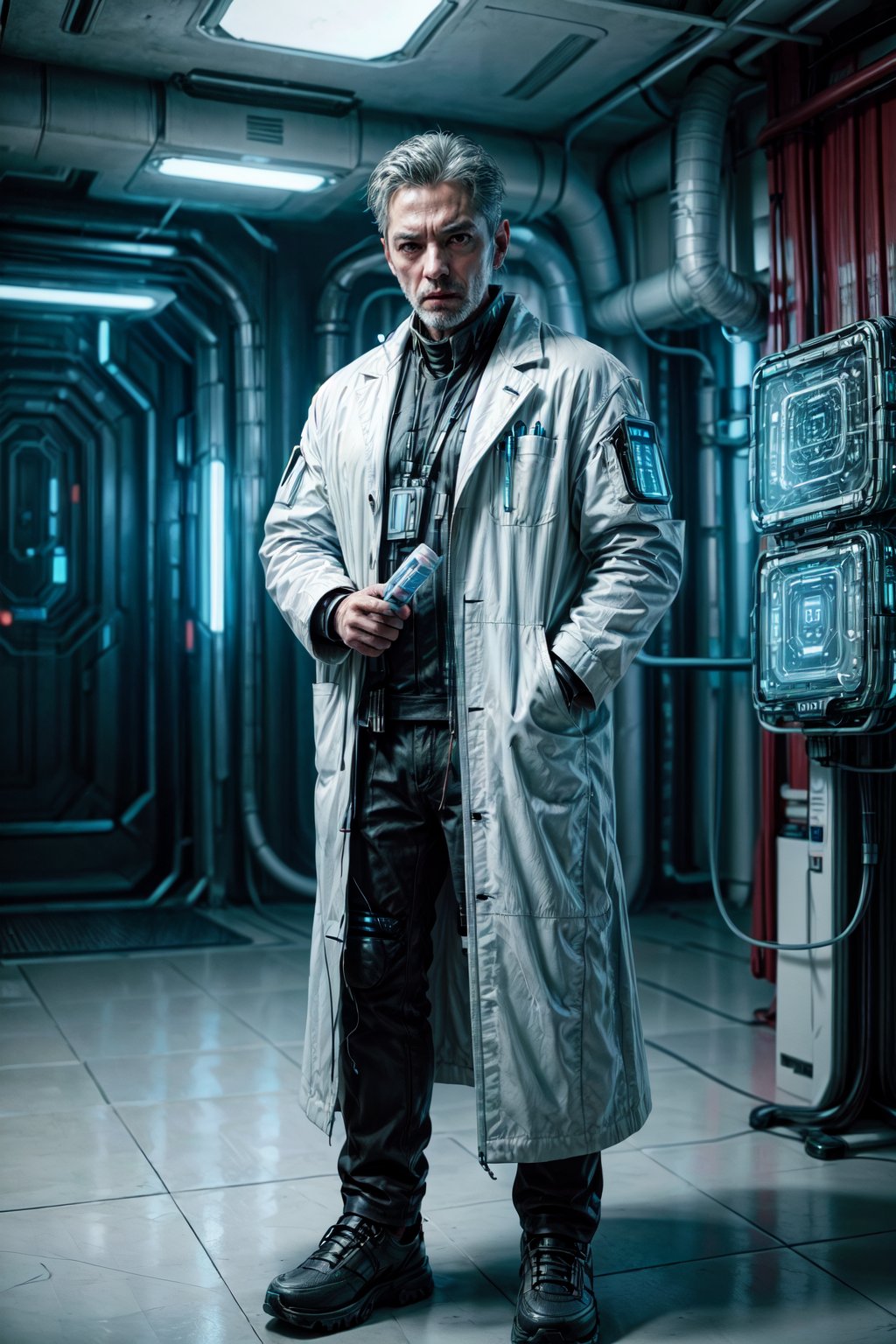 1boy, full body, imagine a doctor from 2077, wearing a crisp white coat, standing with a high-end future syringe in his hand and a stern expression on his face.(Masterpiece, Best Quality, 8k:1.2), (Ultra-Detailed, Highres, Extremely Detailed, Absurdres, Incredibly Absurdres, Huge Filesize:1.1), (Photorealistic:1.3), By Futurevolab, Portrait, Ultra-Realistic Illustration, Digital Painting. (Time Travel Style:1.5), Cyberpunk Doctor,<lora:EMS-303383-EMS:0.800000>,<lora:EMS-256217-EMS:0.800000>