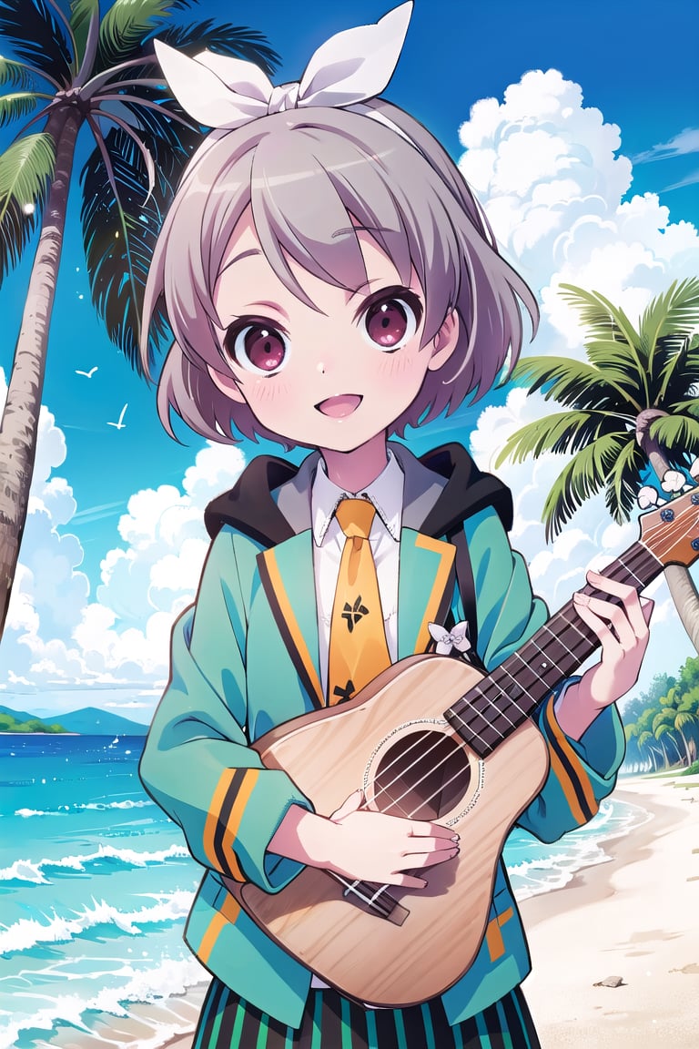 Masterpiece,Best  Quality, High Quality, (Sharp Picture Quality), Gray hair, short hair, white hair ribbon, school uniform, blue -green jacket,orenge tie,(Skirt with green and black vertical stripes), ukulele, tropical, palm trees, best smiles, sea, beautiful scenery, blue sky ,alone,<lora:EMS-303401-EMS:1.000000>