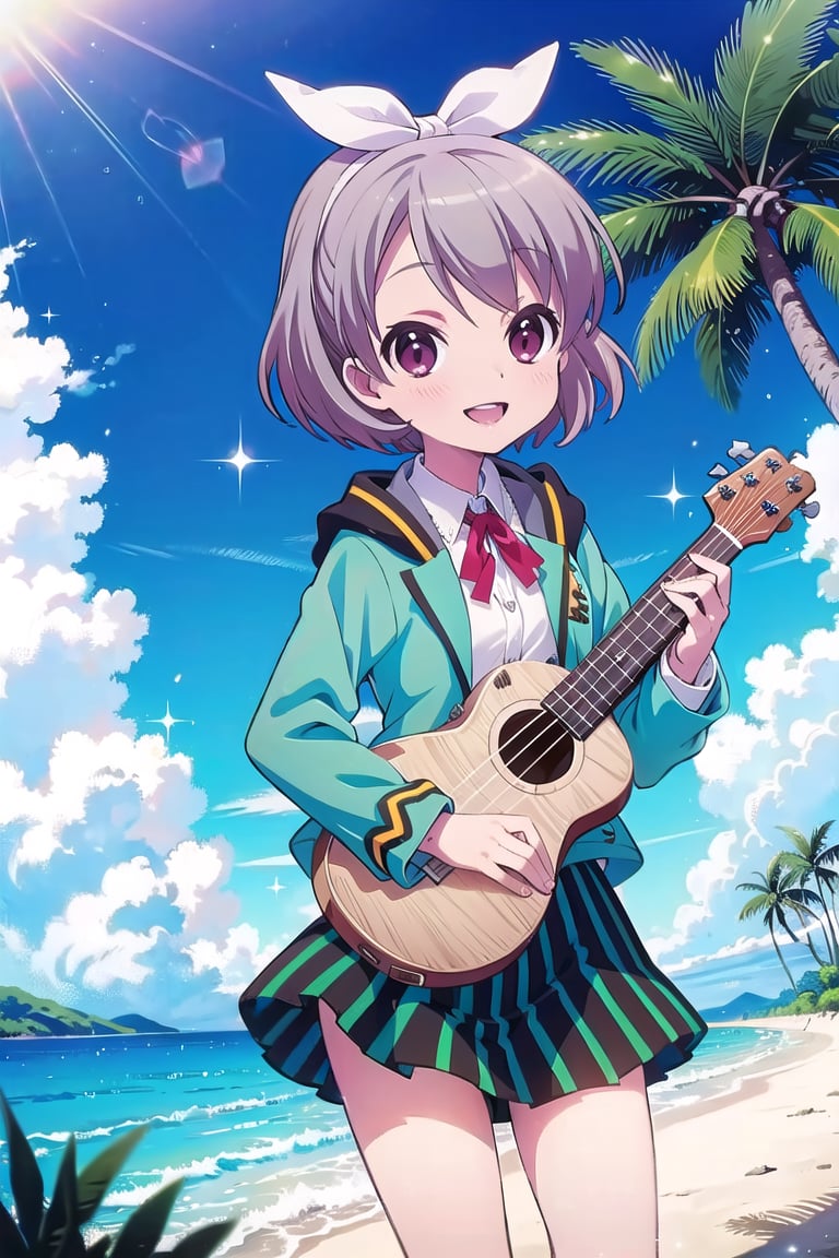 Masterpiece,Best  Quality, High Quality, (Sharp Picture Quality), Gray hair, short hair, white hair ribbon, school uniform, blue -green jacket, mini skirt,(Skirt with green and black vertical stripes), ukulele, tropical, palm trees, best smiles, sea, beautiful scenery, blue sky ,alone,<lora:EMS-303401-EMS:1.000000>