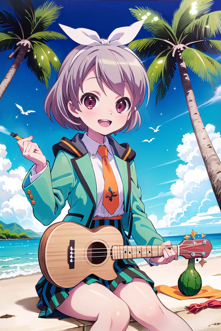 Masterpiece,Best  Quality, High Quality, (Sharp Picture Quality), Gray hair, short hair, white hair ribbon, school uniform, blue -green jacket,Orange tie,(Skirt with green and black vertical stripes), ukulele, tropical, palm trees, best smiles, sea, beautiful scenery, blue sky ,alone,sitting,fantasy world,Coconut fruit, flower necklace,Hawaii,<lora:EMS-303401-EMS:1.000000>