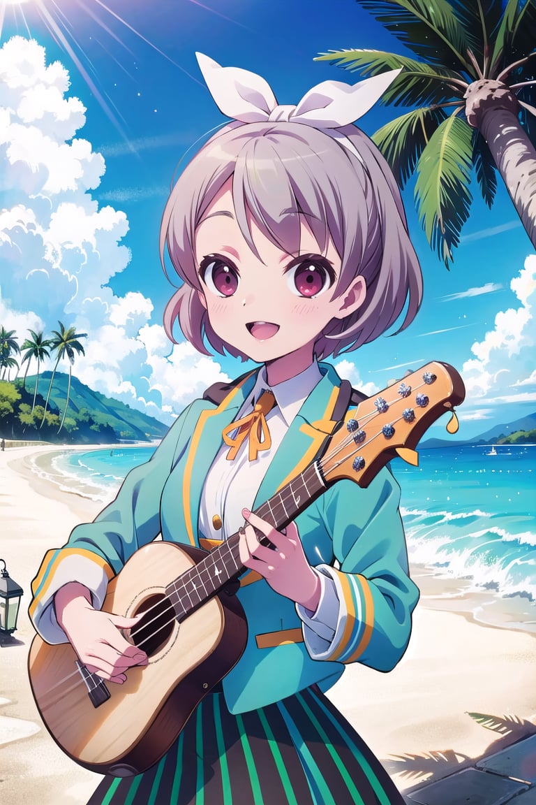 Masterpiece,Best  Quality, High Quality, (Sharp Picture Quality), Gray hair, short hair, white hair ribbon, school uniform, blue -green jacket, (Skirt with green and black vertical stripes), ukulele, tropical, palm trees, best smiles, sea, beautiful scenery, blue sky,<lora:EMS-303401-EMS:1.000000>