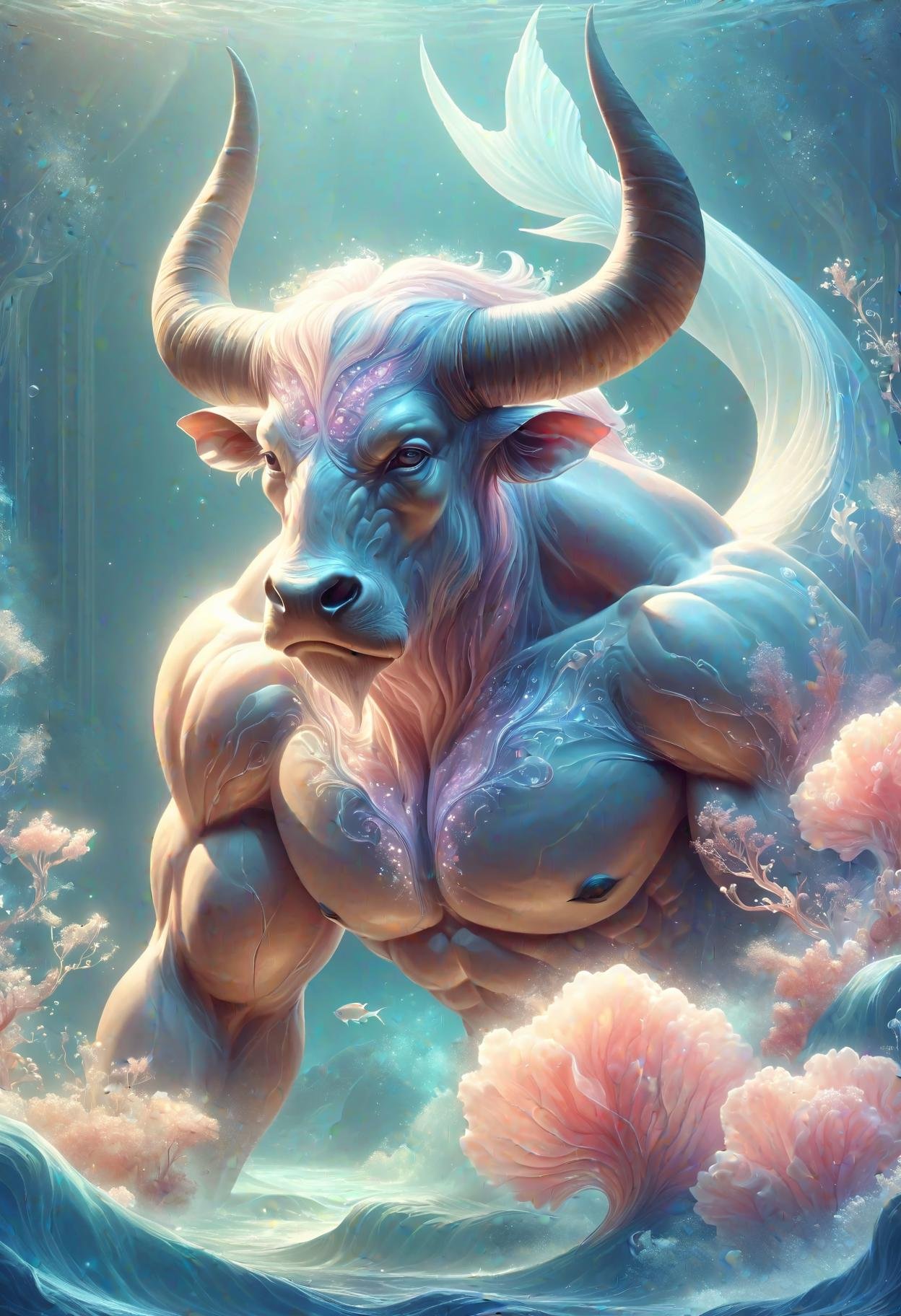 DonMP4ste11F41ryT4l3XL 2D illustration minotaur, humanoid upper body,fish tail, muscular physique,   enchanting alluring appearance, aquatic beauty, aquatic hues, strength, mythtic allure, depth of the sea  <lora:DonMP4ste11F41ryT4l3XL-000008:0.8>
