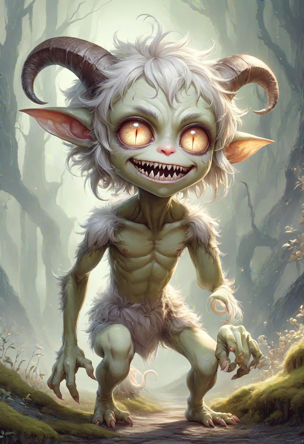 DonMP4ste11F41ryT4l3XL manga satyr, imaginative and mischievous character with a hunched posture, glowing beady eyes, and a malevolent grin. use earthy green and brown tones for its mottled skin, and add small, stubby horns on its sloping forehead, scraggly moss-like hair,sharp jagged teeth in its wide mouth, goblin should be small in stature, around 2 to 3 feet tall, fantasy  <lora:DonMP4ste11F41ryT4l3XL-000008:0.8>