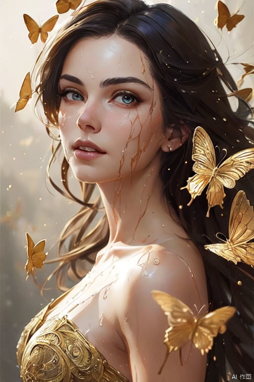 Style-Empire, 8k portrait of beautiful young woman with brown hair, intricate, elegant, highly detailed, majestic, digital photography, art by artgerm ruan jia and greg rutkowski surreal wet paint gold butterfly filigree, broken glass