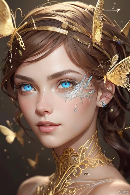 8k portrait of beautiful cyborg with brown hair, intricate, elegant, highly detailed, majestic, digital photography, art by artgerm and ruan jia and greg rutkowski surreal painting gold butterfly filigree, broken glass, (masterpiece, sidelighting, finely detailed beautiful eyes:1.2), hdr, 