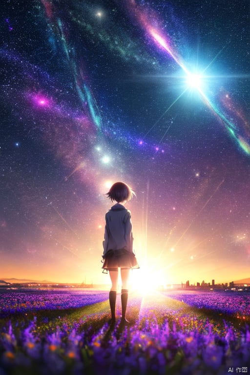 anime girl, night, blue light behind her,  ((Galaxy, Lens flare)), short hair, flower field, night sky, cinematic shot. Wallpaper. (Blue color schema), detailed background, a city in the distance