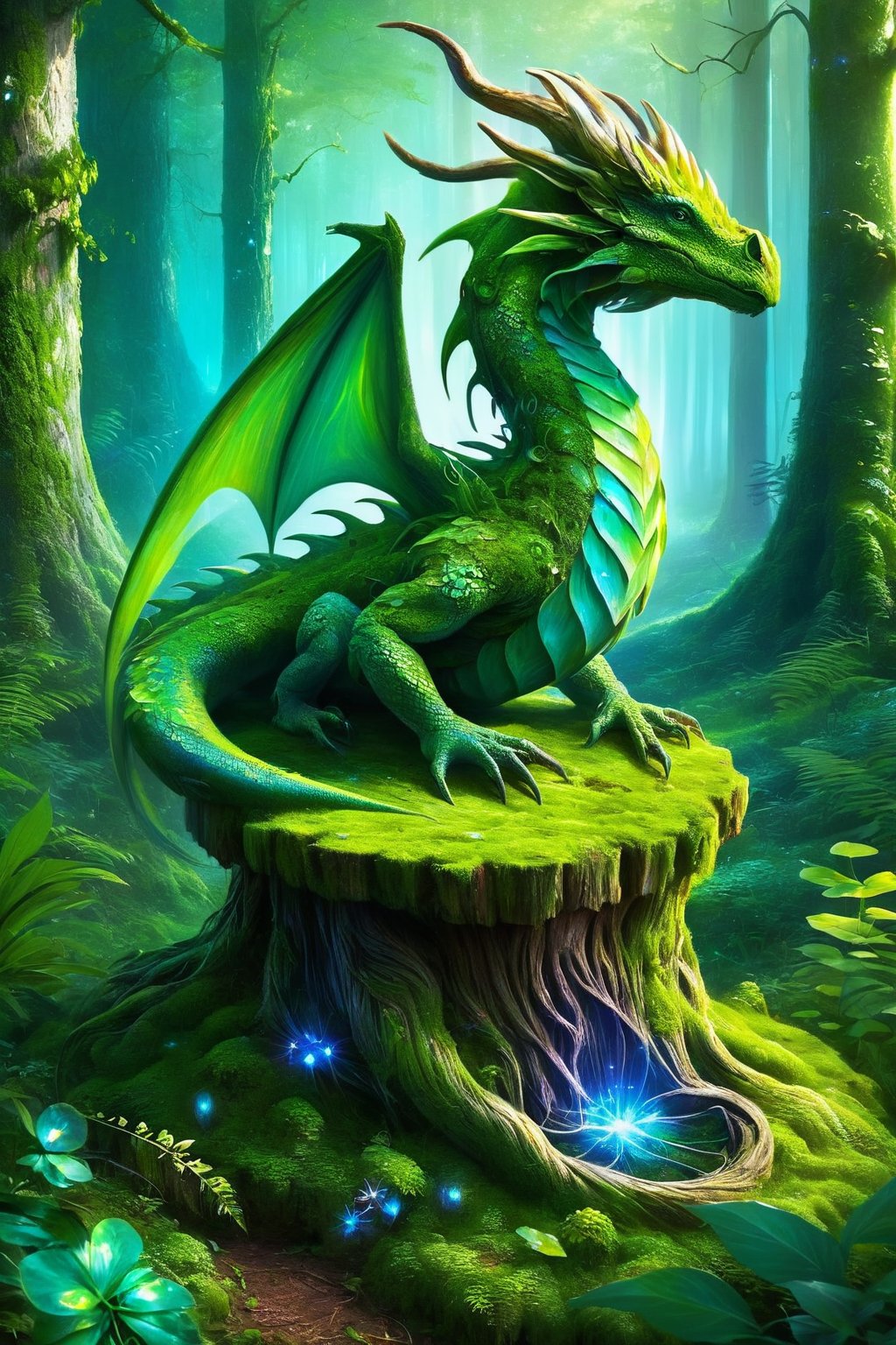 draco_fantasy, a mystical forest dragon, forest guardian, interwined vines, perched atop an ancient tree stump in a moss-covered clearing. Bioluminescent mushrooms illuminate the scene as the dragon gazes intently at a hidden crystal emanating an ethereal light. (Mysterious and magical),<lora:EMS-303441-EMS:0.500000>