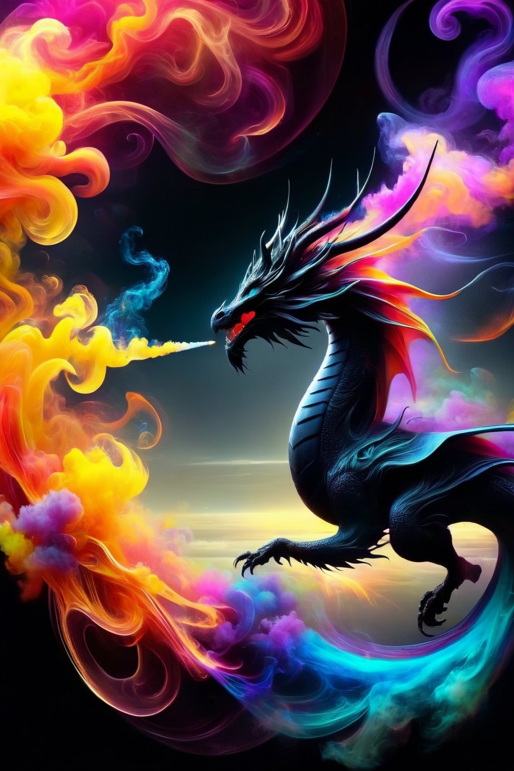 draco_fantasy, swirling dragon, black background, wavy, vibrant colours, simple background, (Mysterious and magical), colourful smoke and clouds,<lora:EMS-303441-EMS:1.000000>